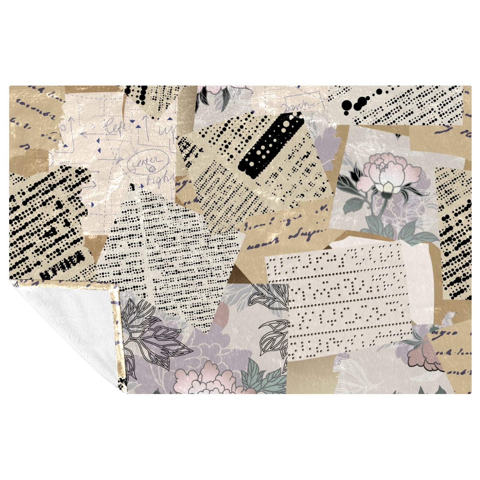 Plaid vintage journaux et fleurs 150x100 cm doux pour canapé