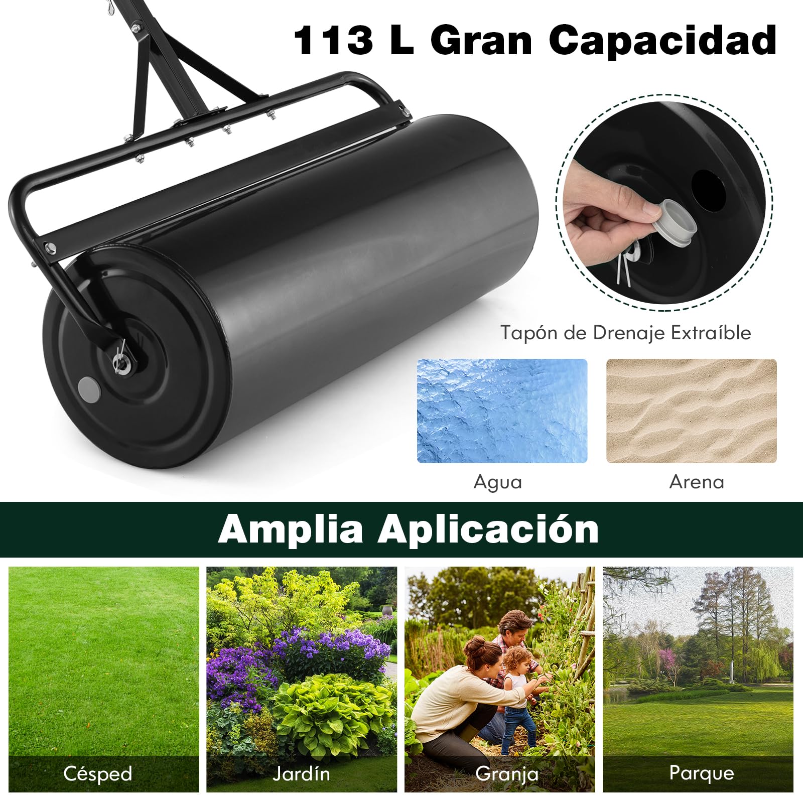 COSTWAY 113L Rodillo de Césped Metálico, Rodillo de Césped para Empujar o Tirar Llenado de Agua o Arena con Mango Desmontable para Jardín, Patio, Parque, Granja (Negro, 146x99x40cm)