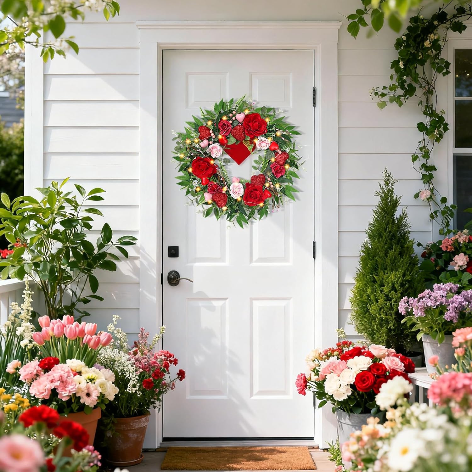 20 Inch Valentines Day Wreath, Valentine Wreaths for Front Door, Spring Summer Eucalyptus Greenery Wreath with Pink and Red Flowers Hearts Artificial Door Wreaths for Anniversary Wedding Home Decor - Image 3