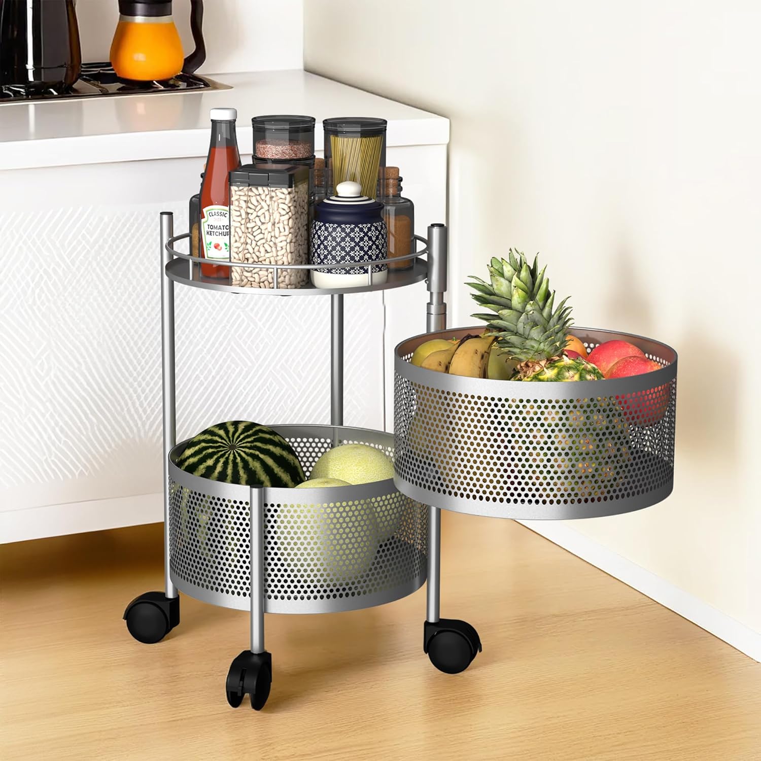 Fun Homes Kitchen Storage Rack | 2-Tier Rotating Vegetable Rack | Round Multipurpose Storage Trolley with Wheels | Metal Fruit Rack | Silver Fun Homes Kitchen Storage Rack | 2-Tier Rotating Vegetable Rack | Round Multipurpose Storage Trolley with Wheels | Metal Fruit Rack | Silver