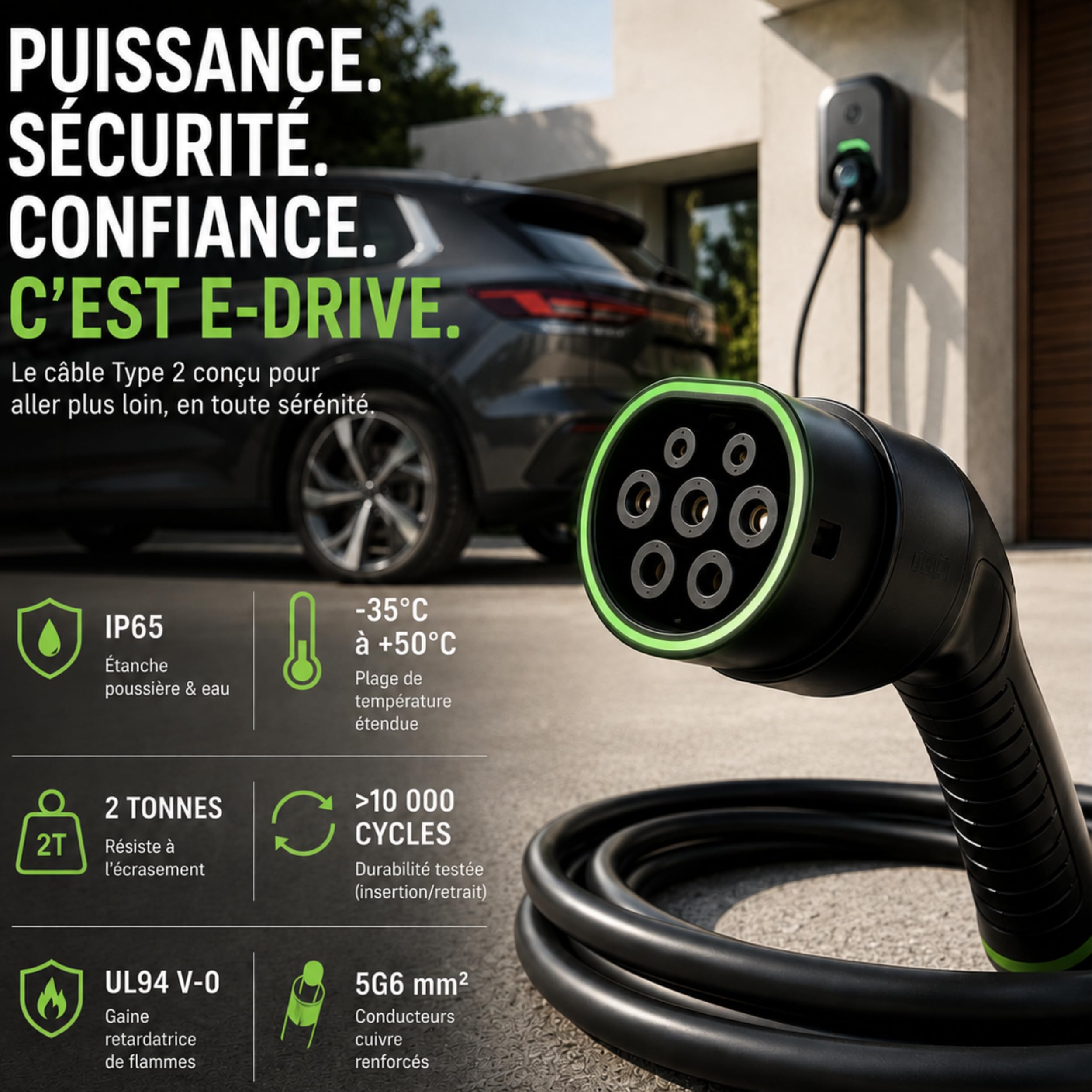 Câble Recharge & Chargeur Voiture Électrique Type 2 Hybride 7-11-22 KW 32A 5M, IP65 TÜV CE, Tesla Model 3/Y, Renault Zoé, Peugeot e-208 - Marque Française