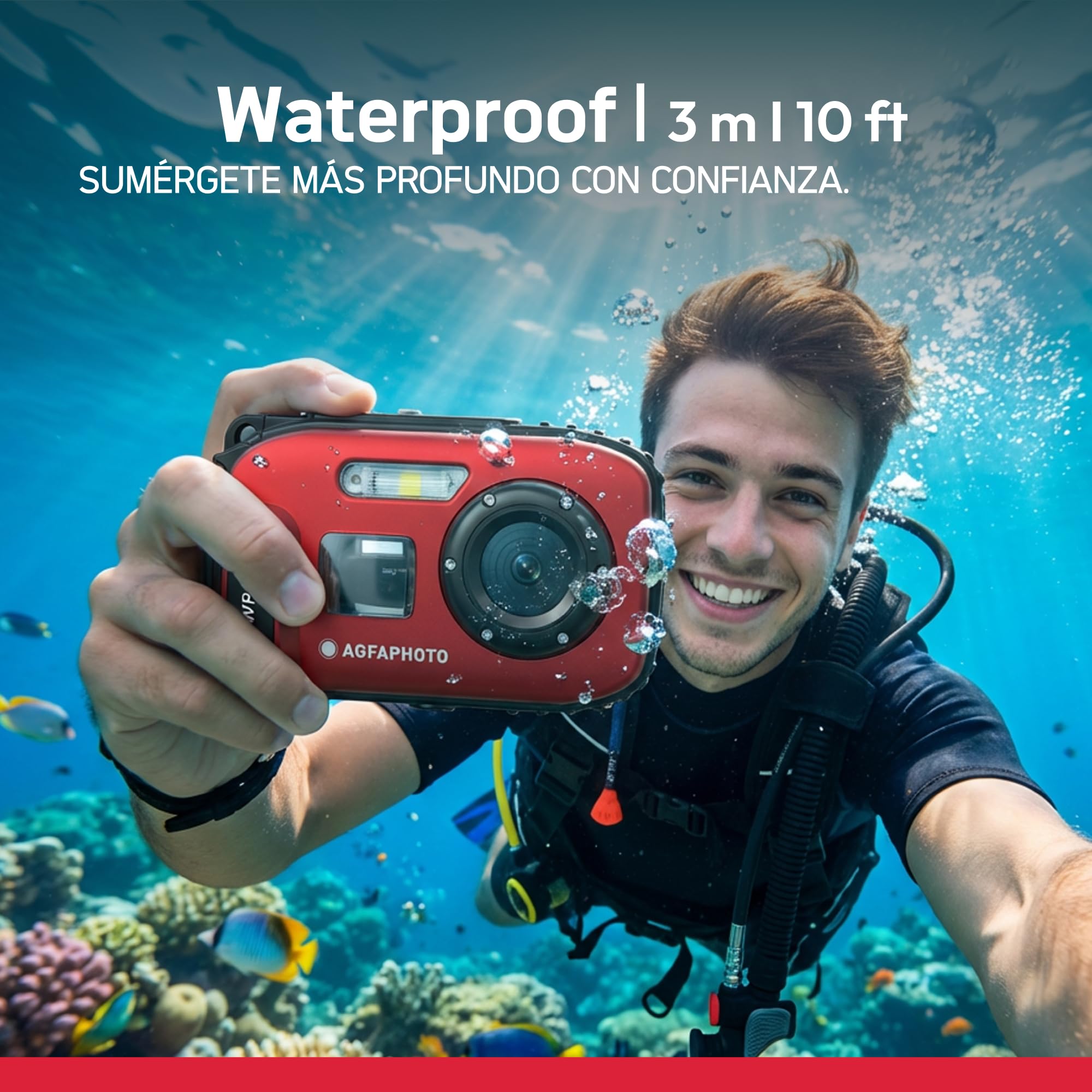 AGFA Photo Realishot WP6000 – Cámara Digital Impermeable, 3 m/10 ft, 18 MP, vídeo HD, Pantalla LCD 2,4", Zoom Digital 16x, autofoco, Espejo Selfie, batería de Litio – Rojo
