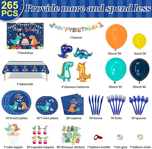 Miniatura 3 de HJINGY 265 piezas de decoraciones de fiesta de dinosaurio, suministros de fiesta de cumpleaños de dinosaurio azul para niños, incluyen globos de