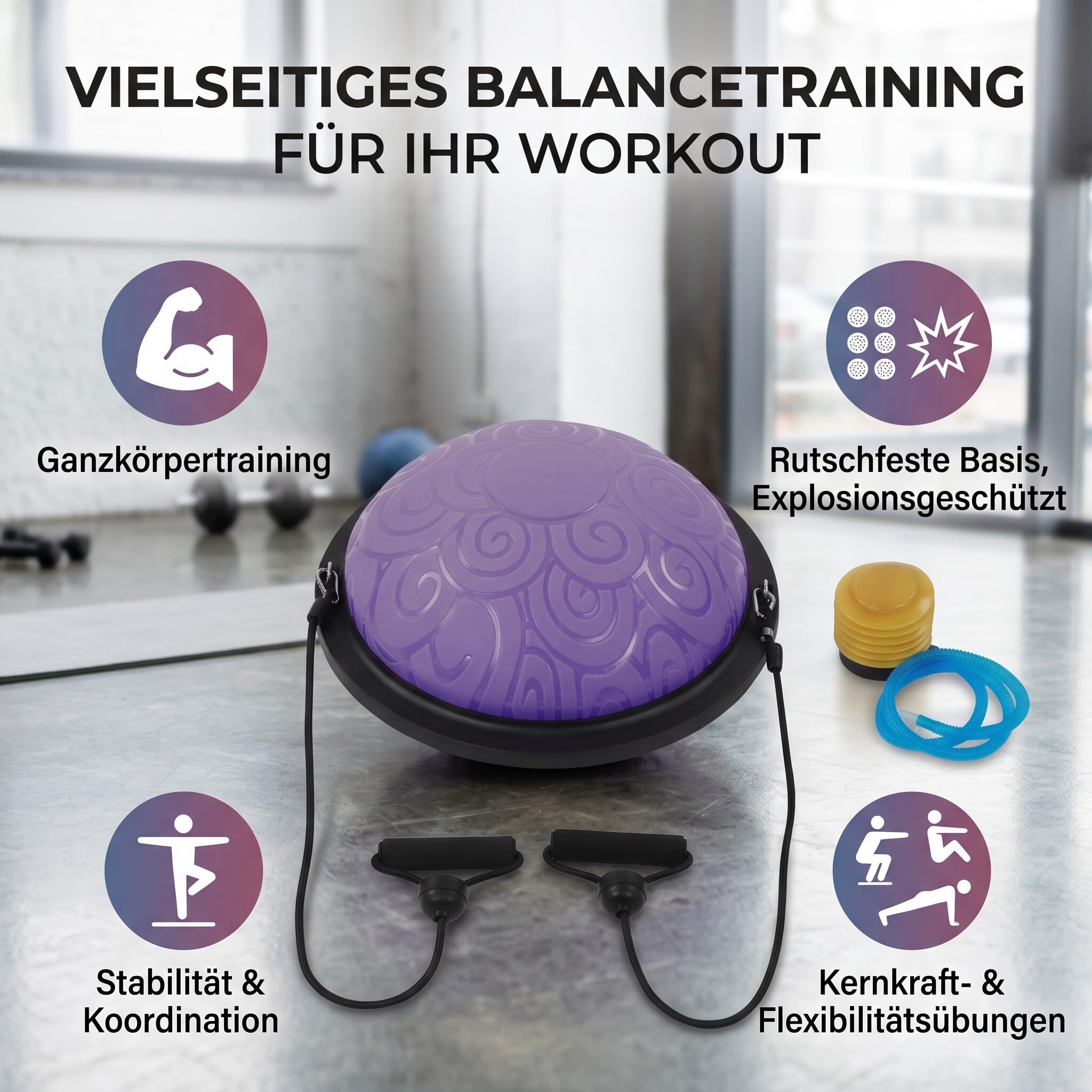 Ejoyous Balance Ball Trainer, 46 Cm Balance Board Antiscivolo Emisfero Palla per Esercizi Yoga Mezza Palla con Fasce di Resistenza per Yoga Fitness Allenamento della Forza Allenamento di