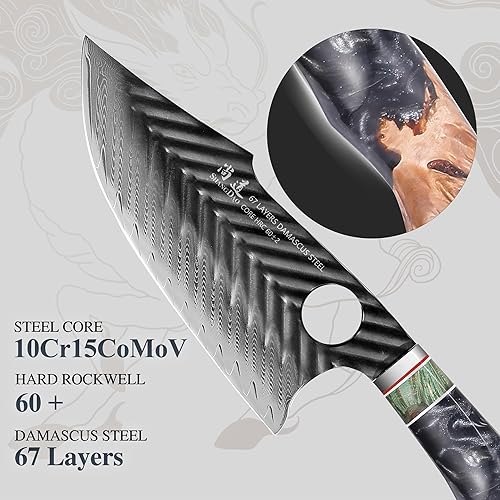 Miniatura 3 de SHANGDAO Cuchillo de carnicero de Damasco de 7 pulgadas, cuchillos de cocina vikingo con funda de cuero, 67 capas de acero de aleación con resina