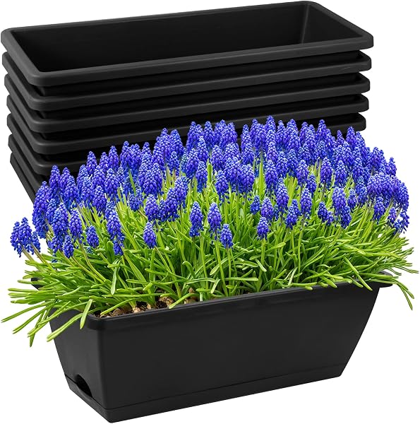 8pcs Window Box Planter, 17x7x6.3 Flower Window Boxes, Rectangle Planters Box with Drainage Holes and Trays, Plastic Veg