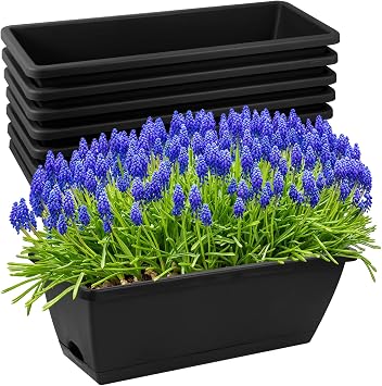 8pcs Window Box Planter,17 Inches Flower Window Boxes,Rectangle Planters Box with Drainage Holes and Trays, Plastic Vegetable Planters for Windowsill Patio Garden Home Decor Porch Yard Black