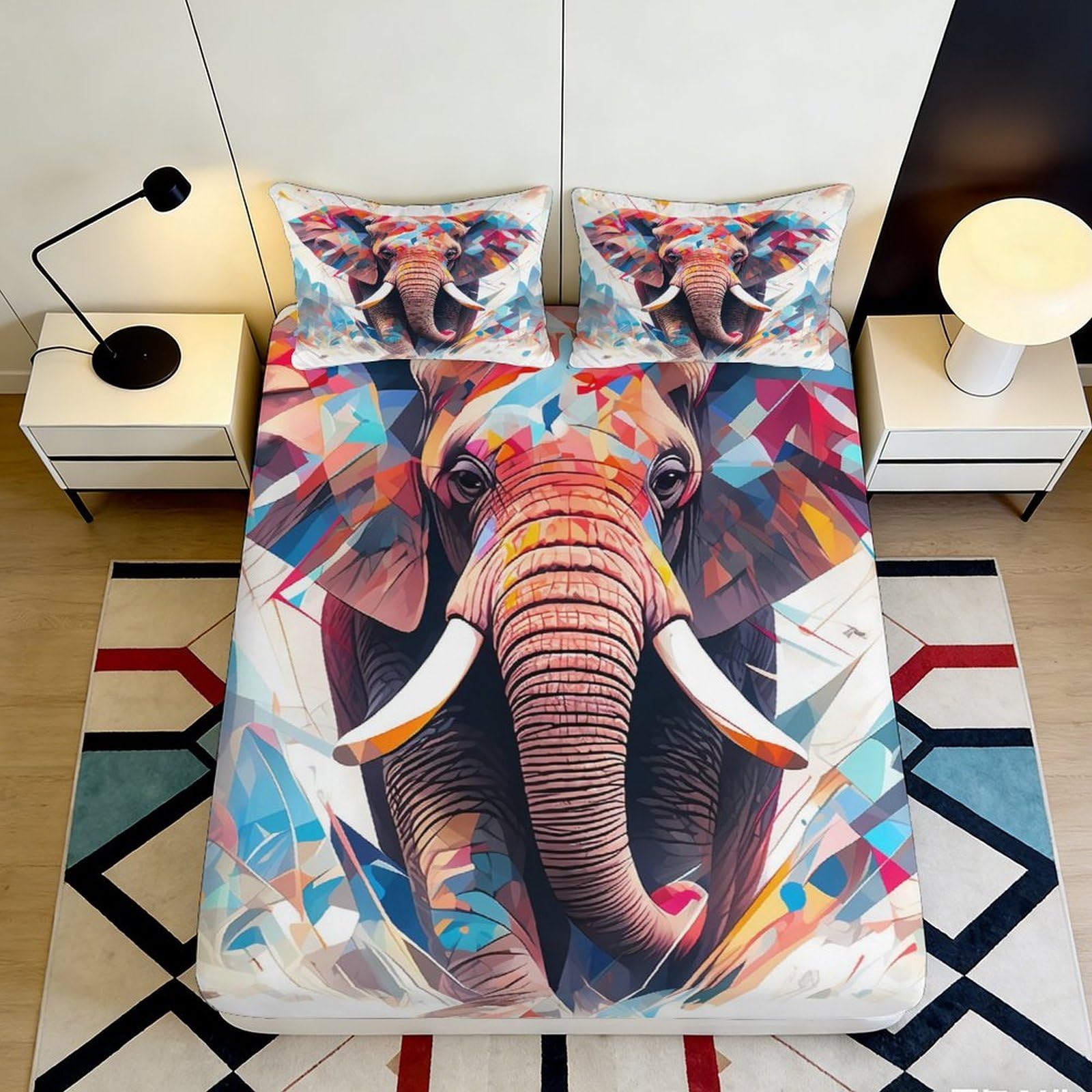3D Printed Geometric Elephant Fitted Sheet Microfiber Mattress Cover Colorful Art Bedroom Decor Anti-Slip Machine Washable 120x200x25cm