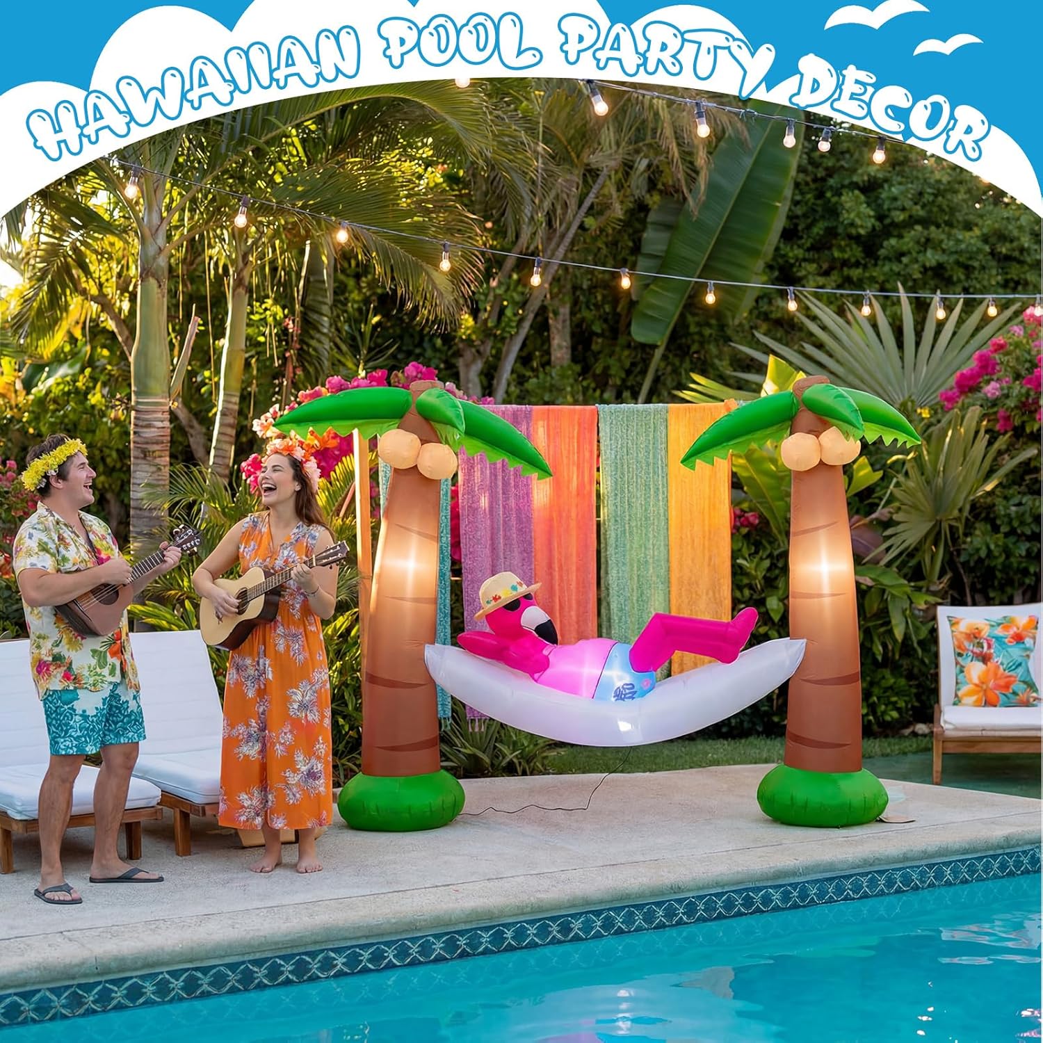 Summer Inflatable Outdoor Decor Flamingo in Hammock with Palm Trees 5 ft LED Lighted Inflatable Palm Trees Blow up Flamingo for Luau Hawaiian Tropical Jungle Party Pool Beach Yard Lawn Decoration