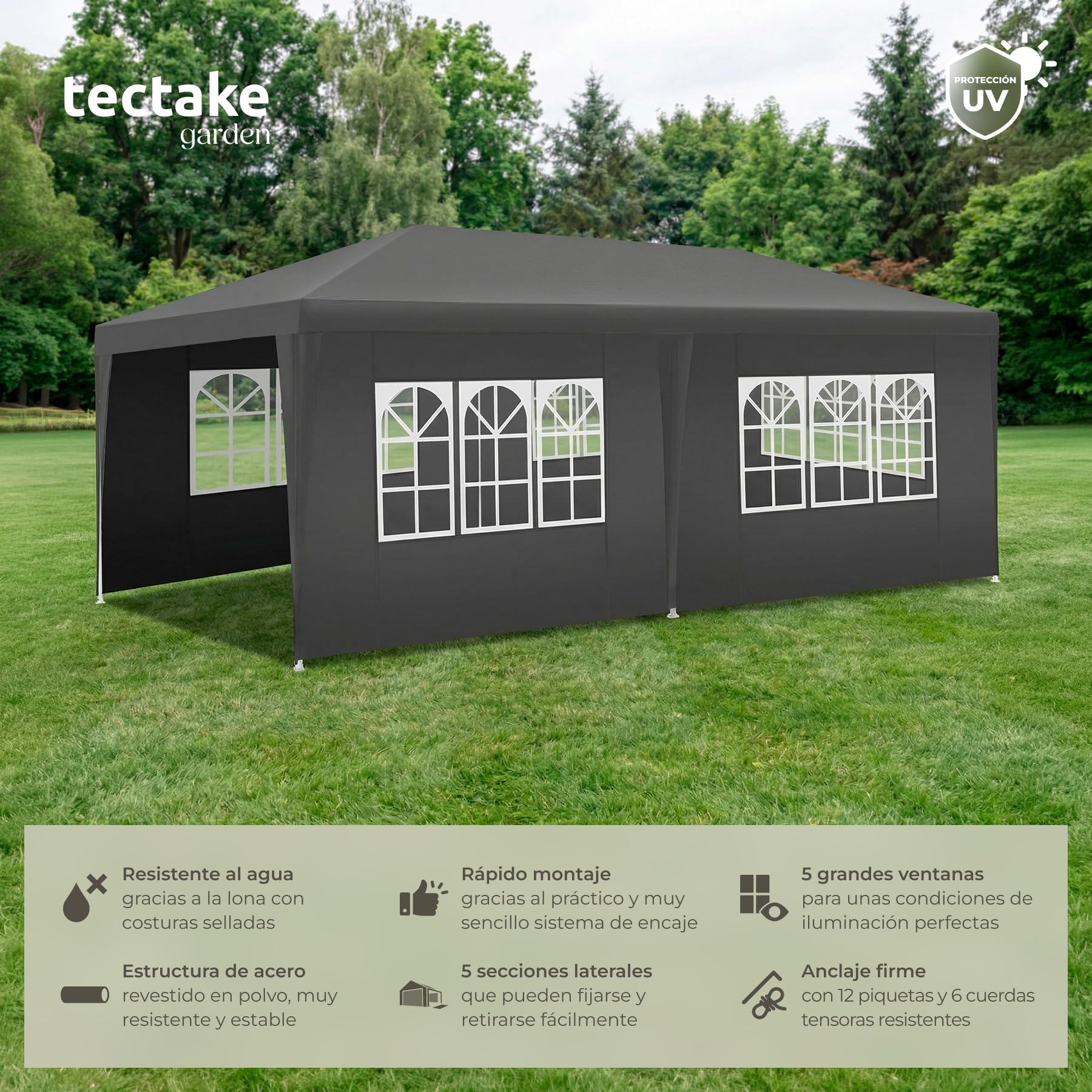 tectake® Carpa Desmontable 3x6 m, con 5 Paneles Laterales Desmontables, Protección a la Intemperie, Cenadores para Jardin, Playa, Cuerdas Tensoras y Piquetas, Carpas para Exteriores - Gris