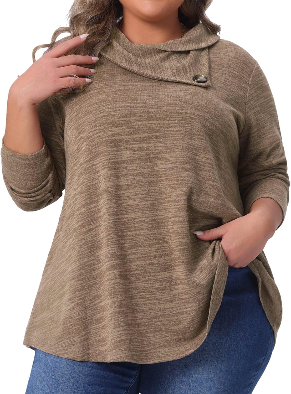 Agnes Orinda Plus Size Blouse for Women Long Sleeve Button Cowl Neck Casual Loose Tunic Tops with Pockets