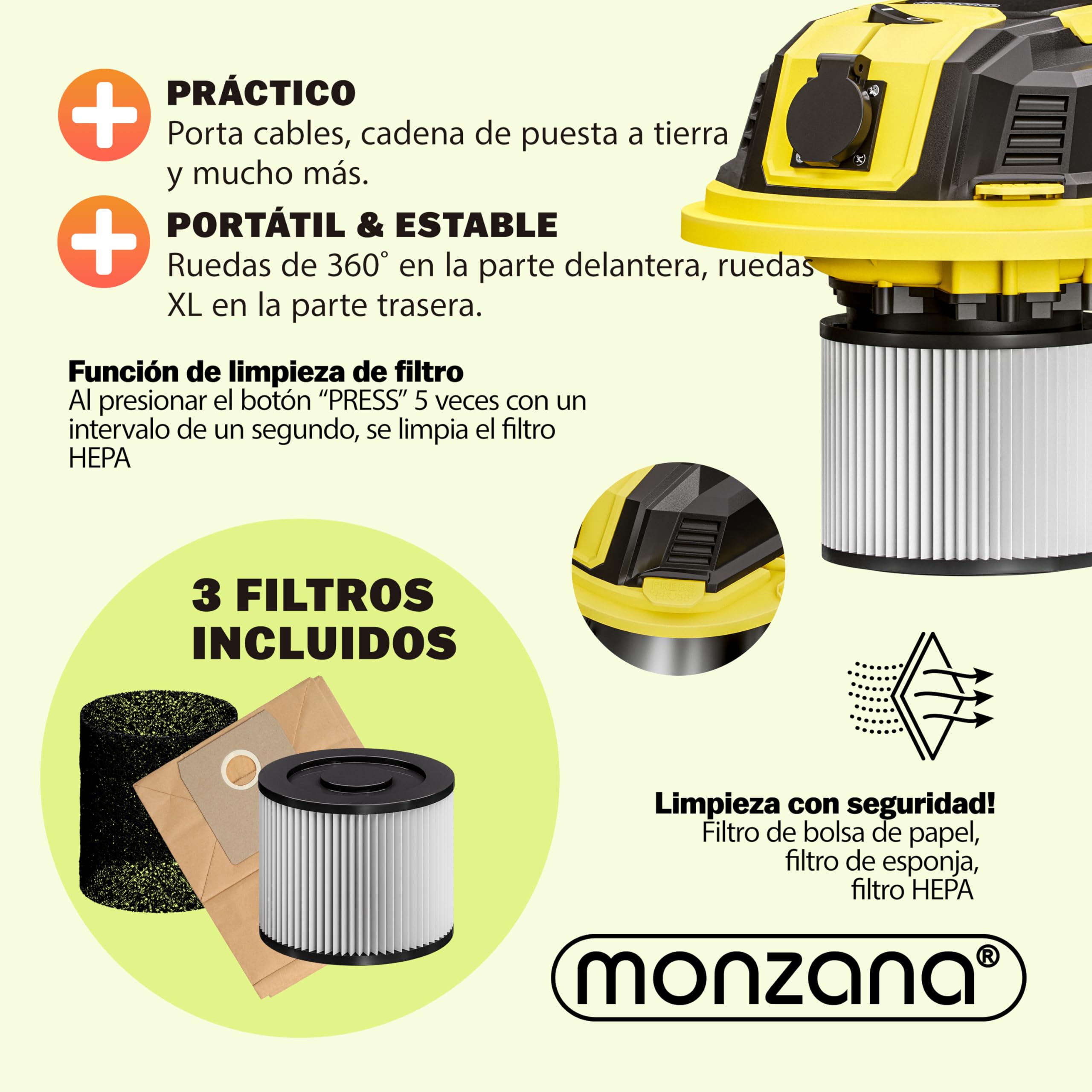 Monzana Aspirador Seco y Húmedo 2200W 30L Industrial Cable 5m Soplador Acero Inoxidable