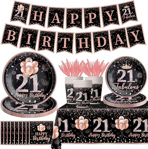 GREHUMOR Decoraciones de vajilla para cumpleaños número 21, oro rosa 142
