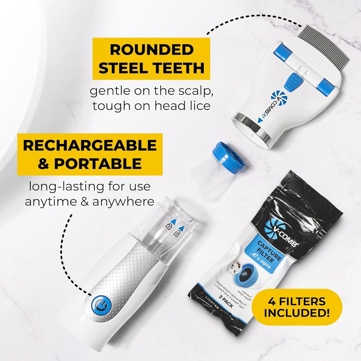 A1 Rechargeable Chemical-Free Lice Removal Electric Comb, Pack of Refill Filters, Natural Head Lice Solution for Children & Adults, Electric Lice Vacuum Comb, for All Hair Types, Gentle Lice Care