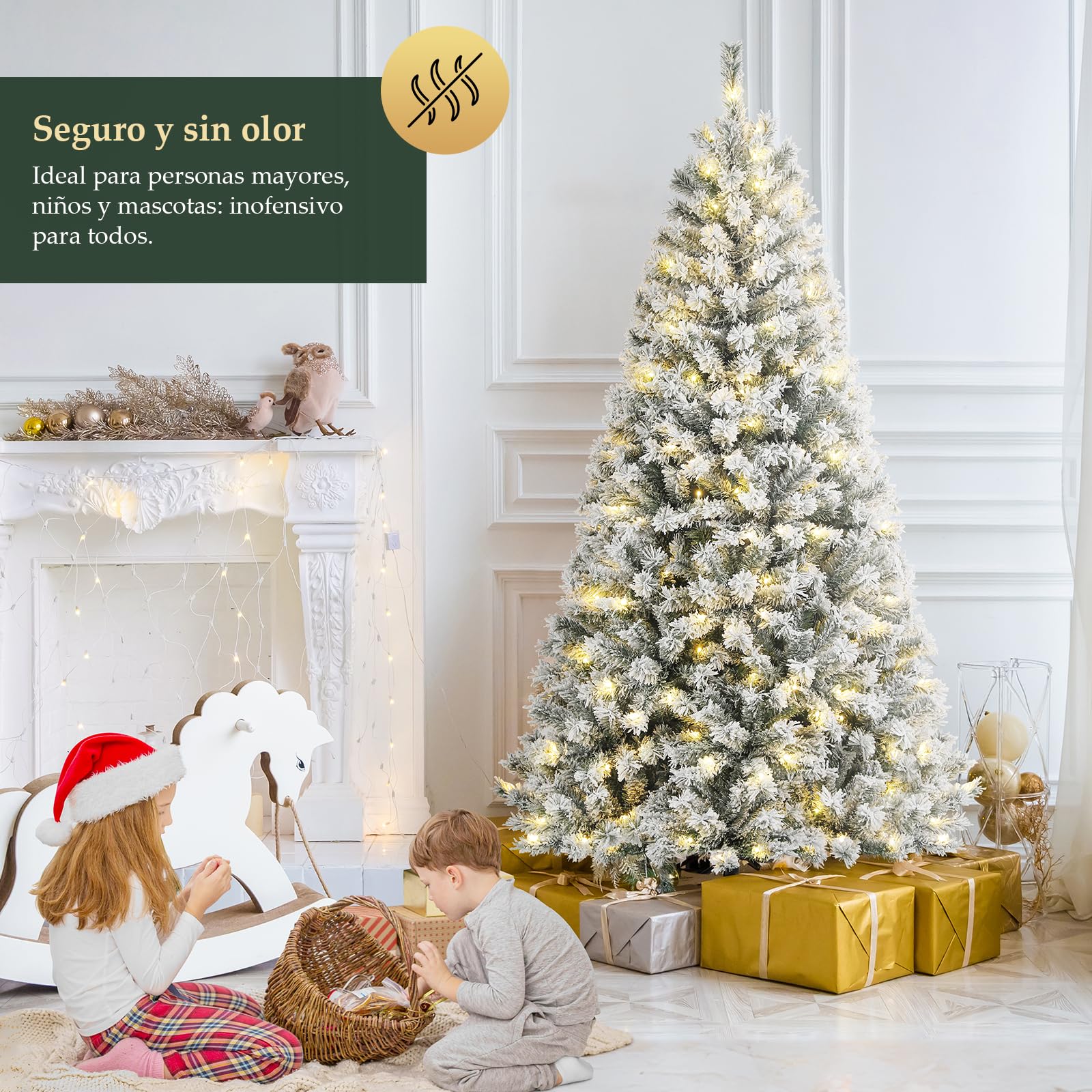 SALCAR Arbol de Navidad Blanco Artificial 180 cm, Árbol de Navidad Nevado con Guantes y 828 Puntas de Rama, Pino de Navidad con Soporte de Madera, Abeto, Ignífugo