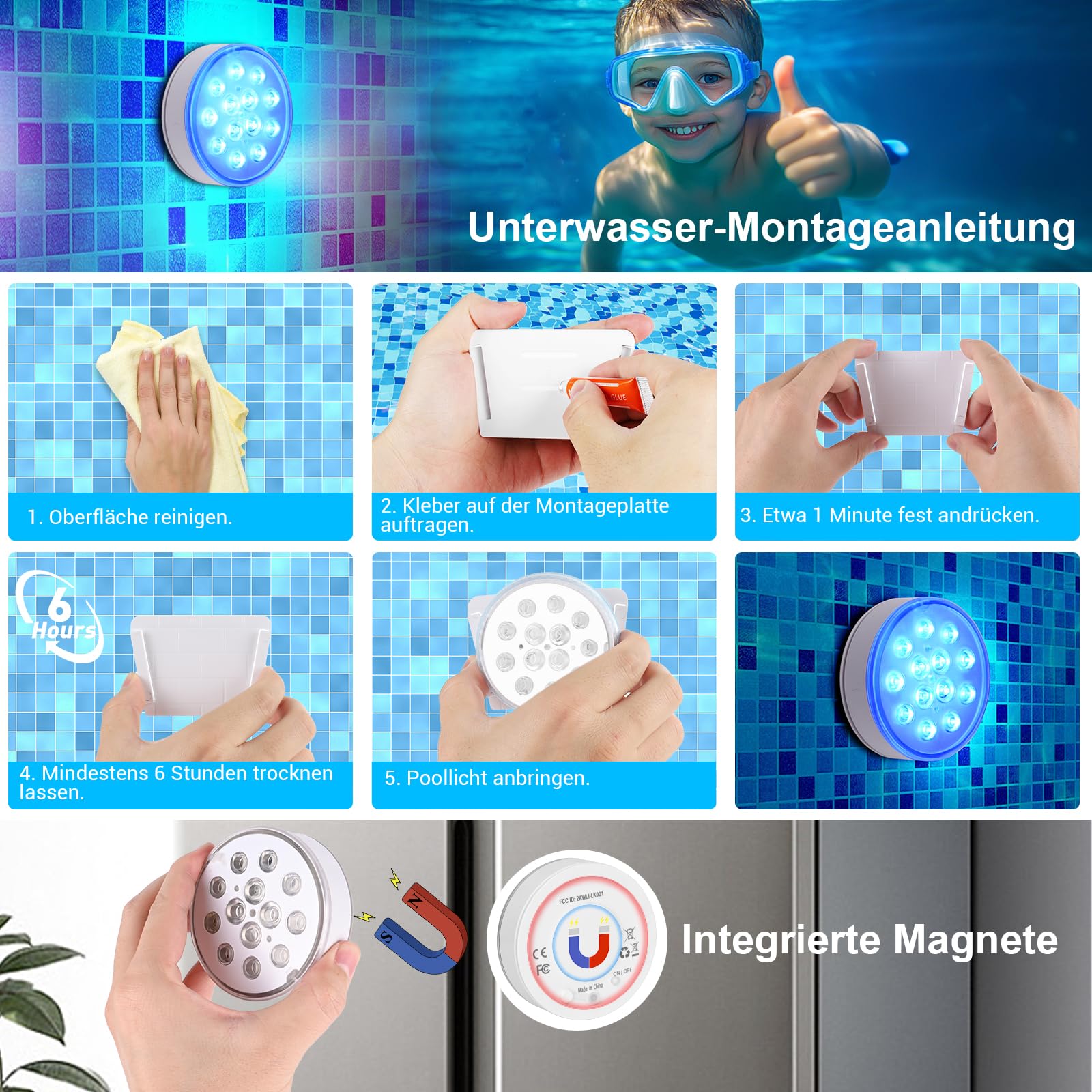 Czemo Unterwasser Licht Wiederaufladbar LED Poolbeleuchtung mit Magnet Poollicht mit Fernbedienung IP68 LED Wasserdicht für Pool Teich Aquarium Beleuchtung (Mehrfarbig-4 Stück)