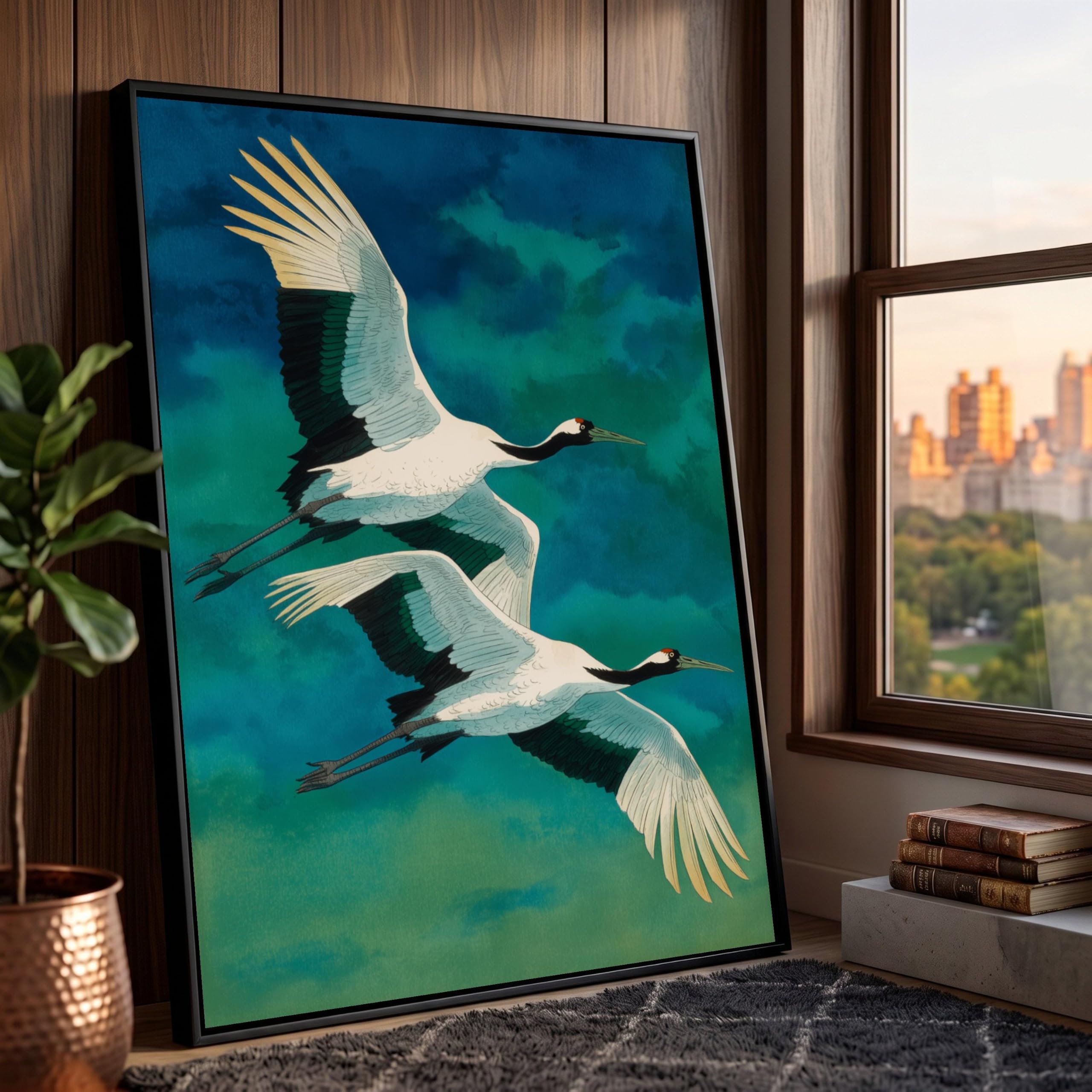 LMYCHENG Flying Cranes Canvas Prints, Asian Bird Artwork, Nature Wall Decor, Wildlife Illustration, Blue Green Background Painting(60x80cm/Frameless)