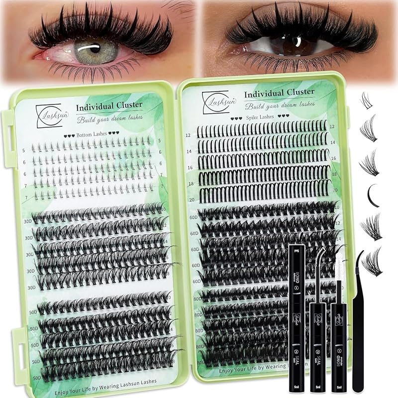 Kit de cílios em tufos LASHSUN com cílios inferiores, pontas individuais, adesivo e pinça