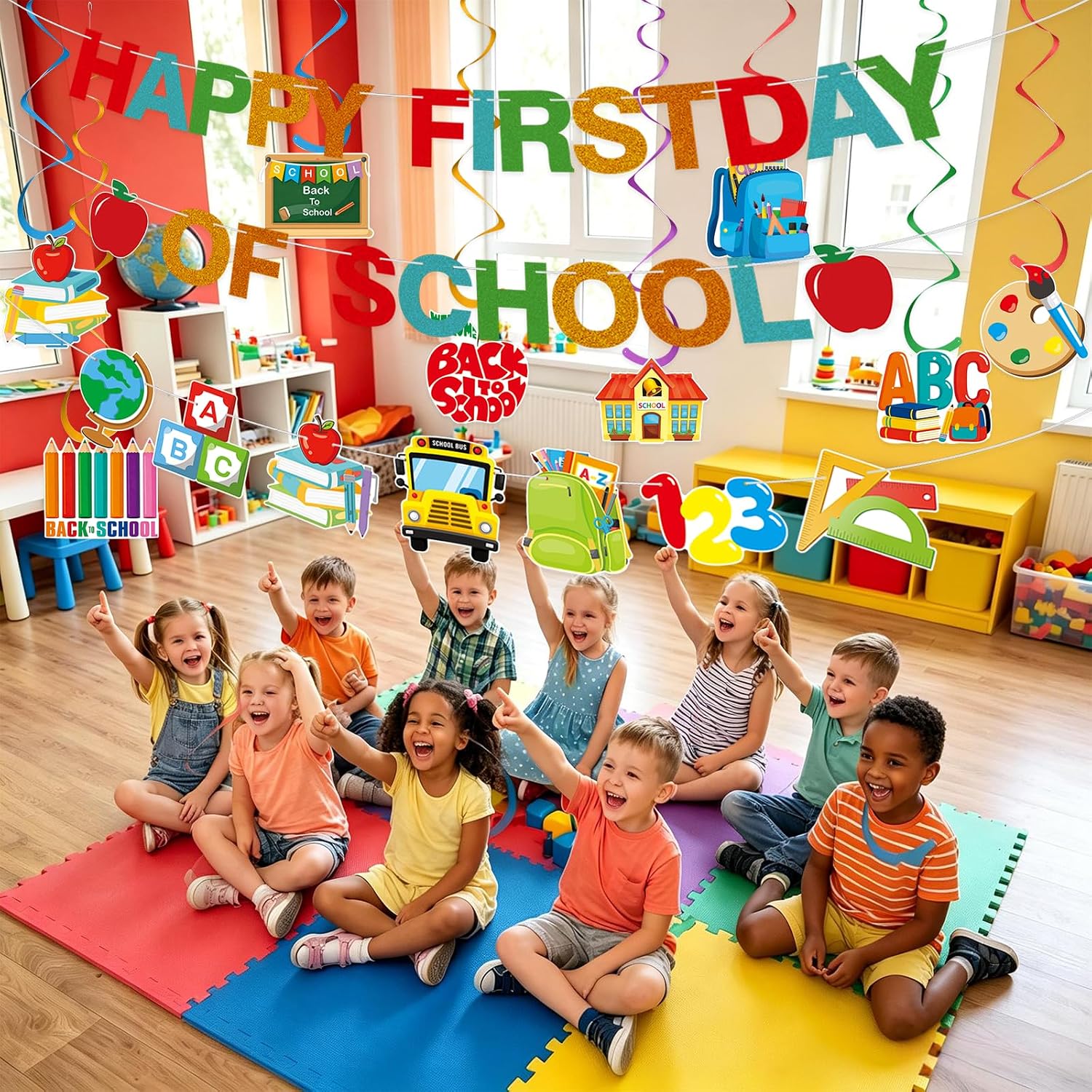 First Day of School Decorations, Back to School Banner with Hanging Swirls, Happy First Day of School Banner Garland for Classroom Welcome Kindergarten Preschool Elementary School Party Supplies