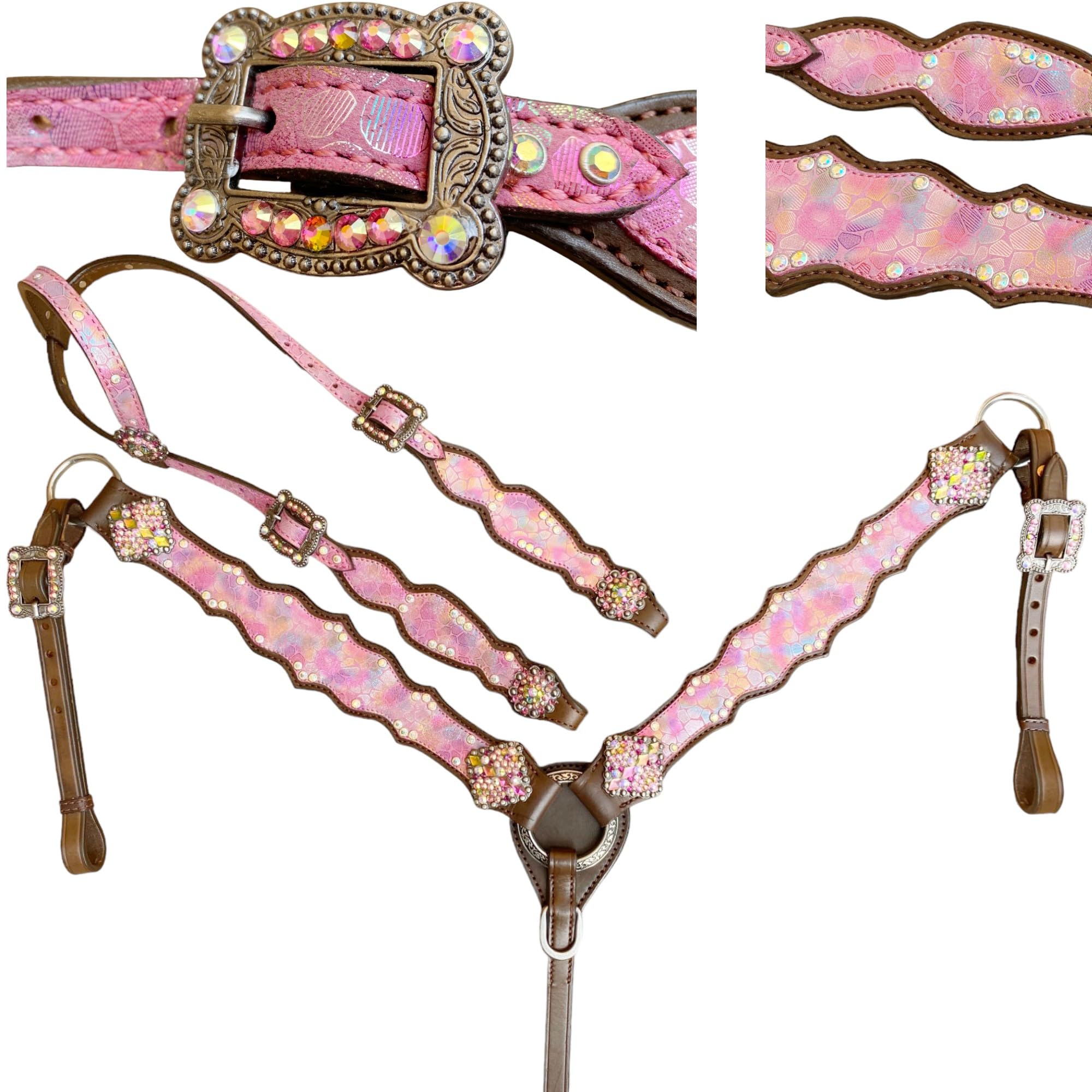 Ensemble Têtière Et Collier De Poitrine Western Pour Cheval - MOUSM - Bleu Turquoise Et Marron - Cuir