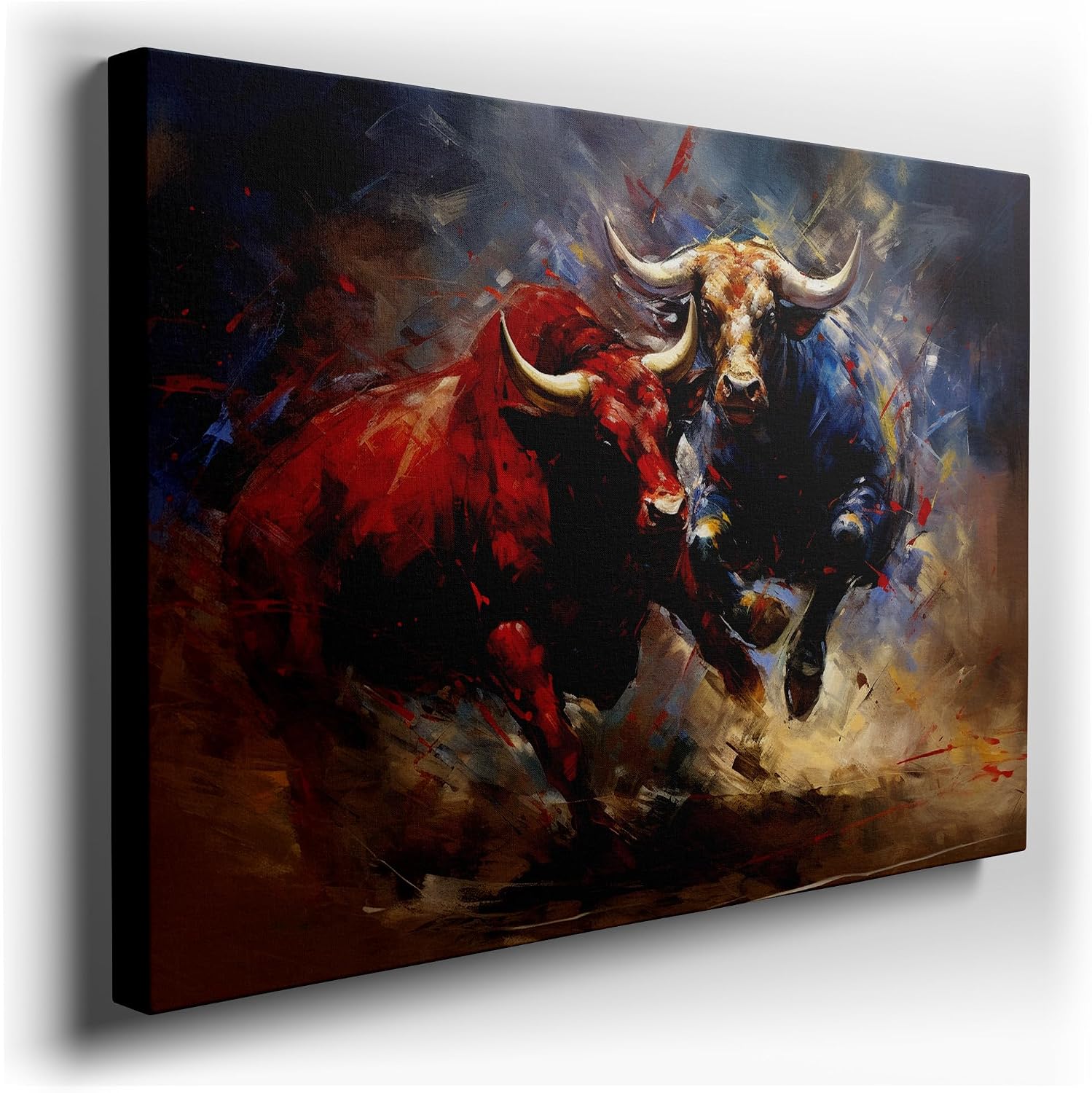 Canvas for Living Room. Charging Bulls in Digital Clash - A Battle of Red and Blue Dominance, 27 x 18 inch Canvas Wall Art - Ready to Hang