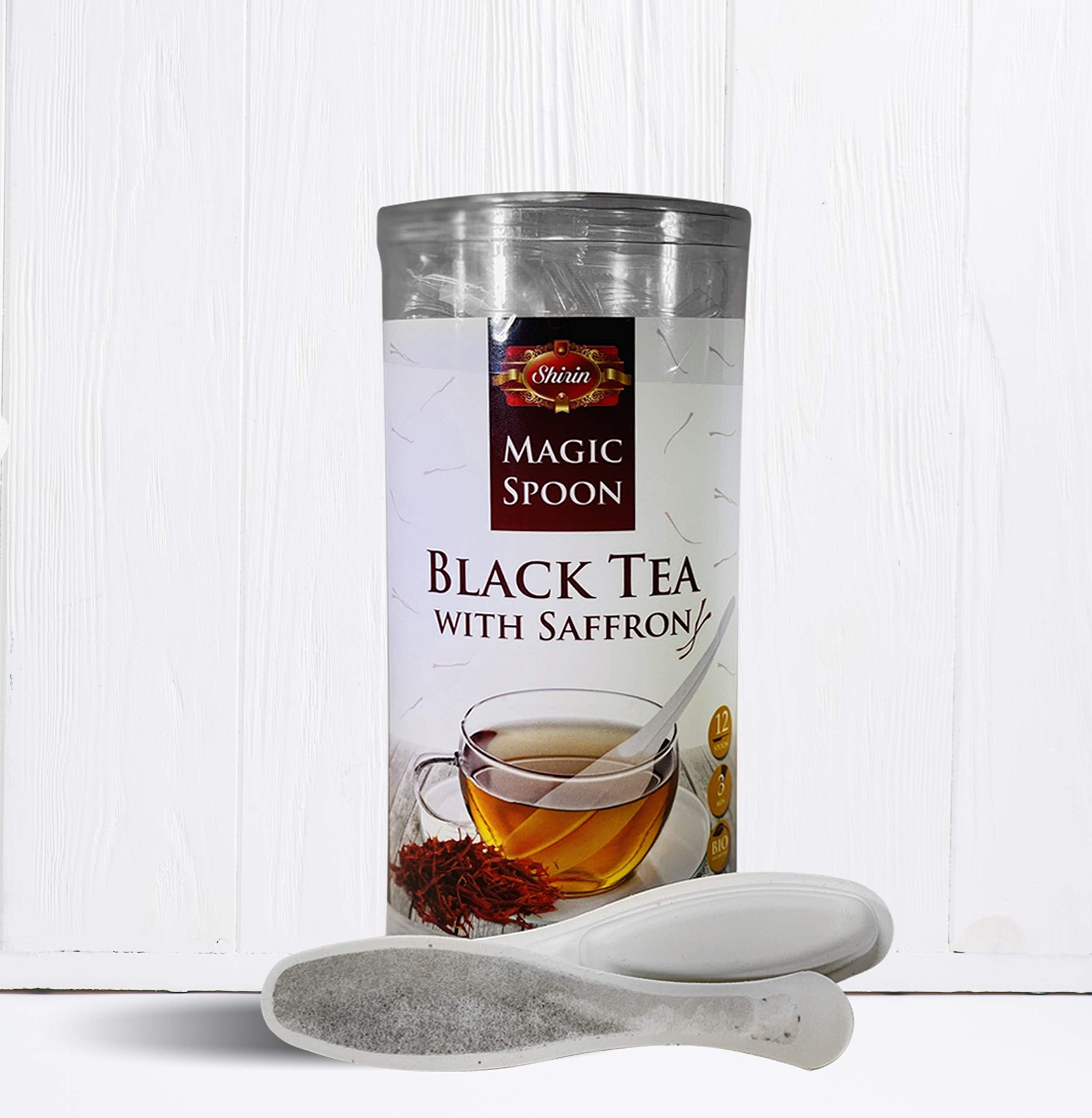 SHIRIN Black Tea With Saffron,MAGIC SPOON biodegradable,12 Count SpoonTea,Premium Quality