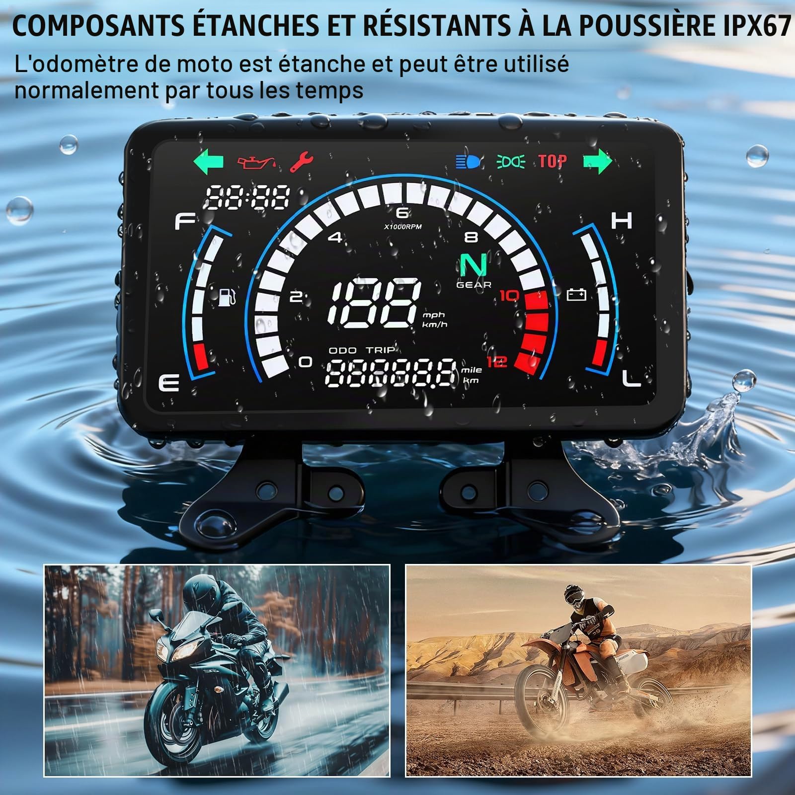 Geloo Compteur de Vitesse Kilométrique 12V Digital Moto avec Support