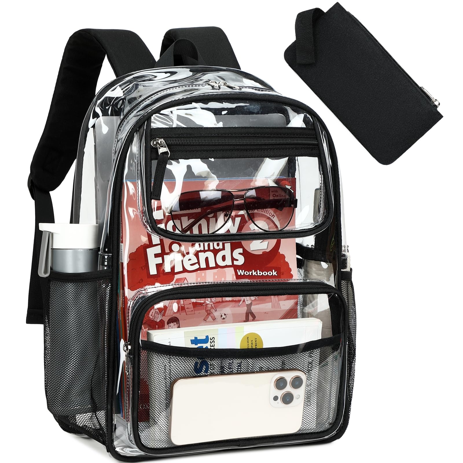 Bluboon Clear Backpack Heavy Duty Kids Boys Clear Bookbag See Through Backpacks with Pencil Case for College Work (Transparent Black)