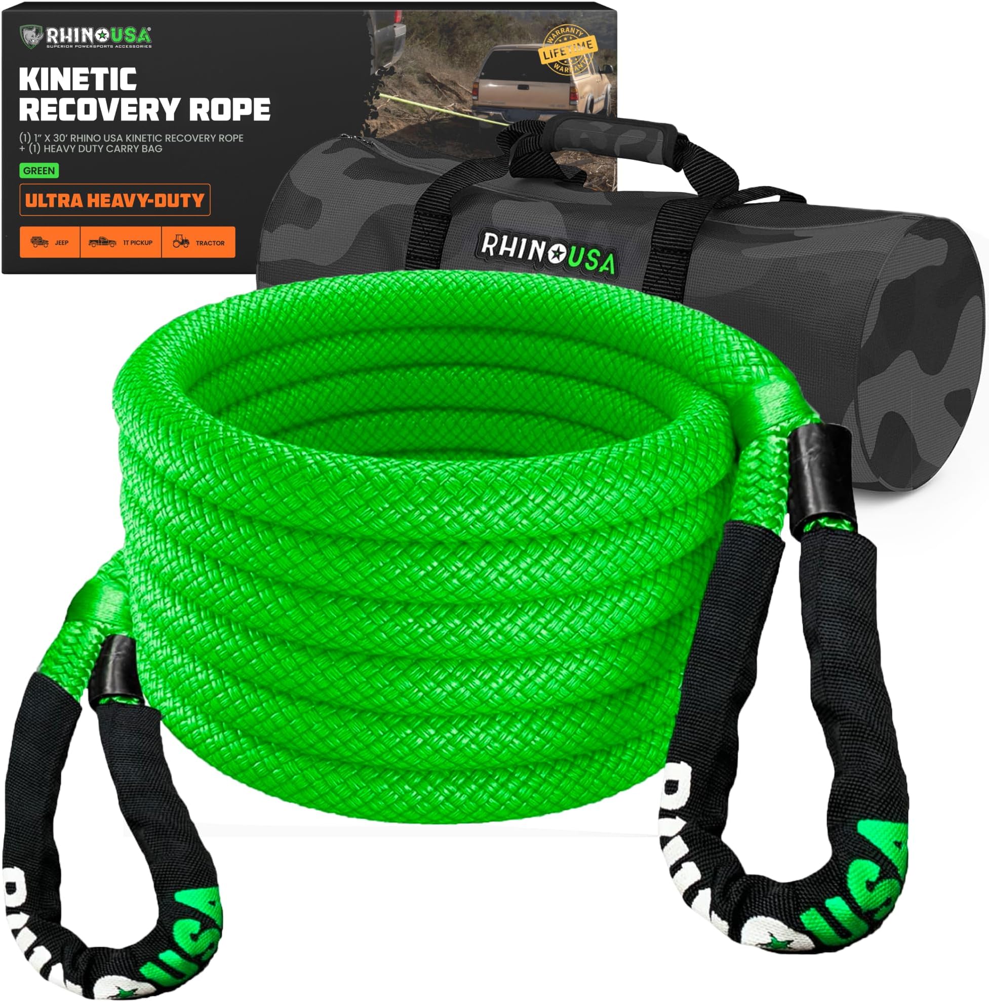 Rhino USA Kinetic Recovery Rope, 1in x 30ft - Heavy Duty Snatch Strap