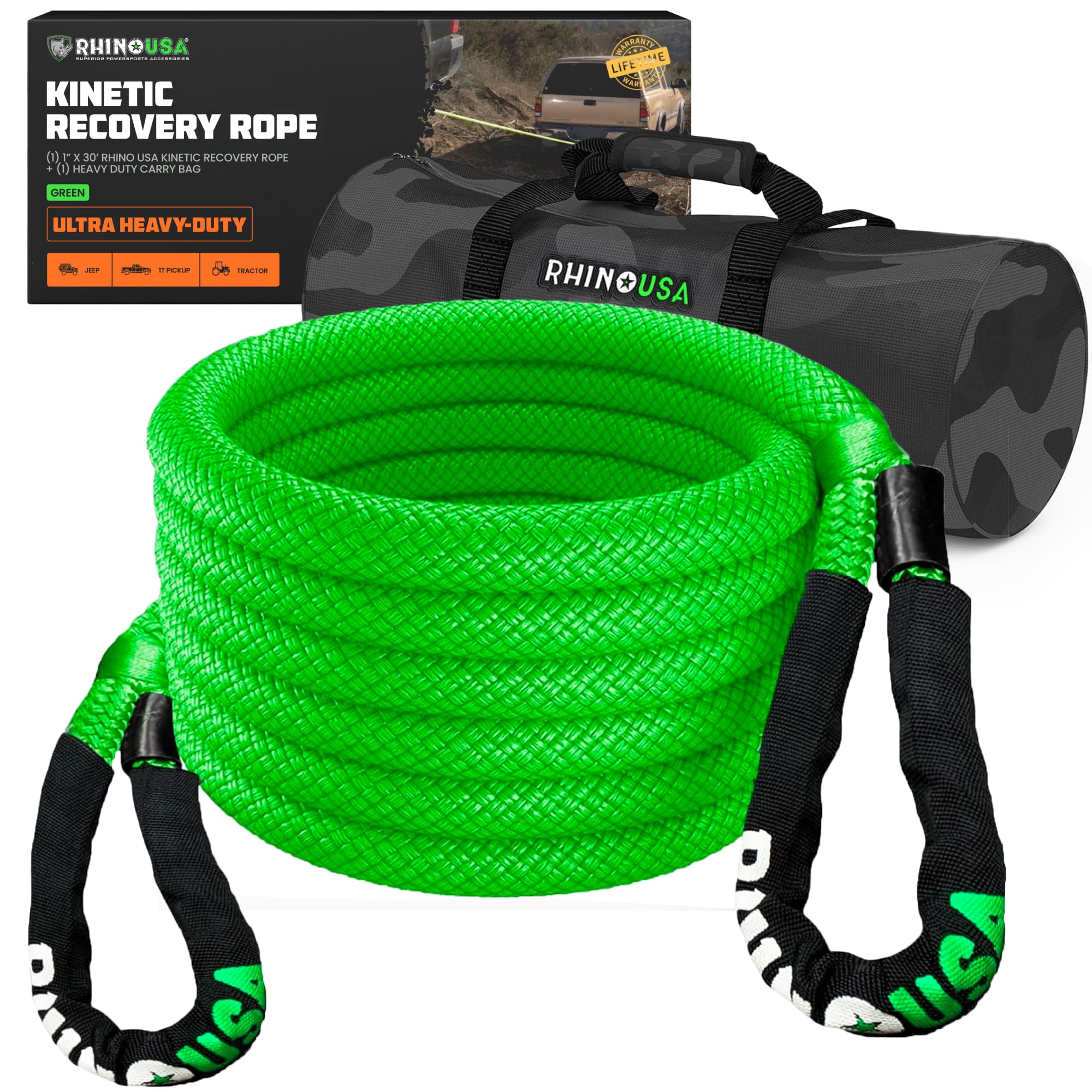 Rhino USA Kinetic Recovery Tow Rope Heavy Duty Offroad Snatch Strap for UTV, ATV, Truck, Car, Tractor - Ultimate Elastic Straps Towing Gear - Backed for Life! (1" x 30' Green)