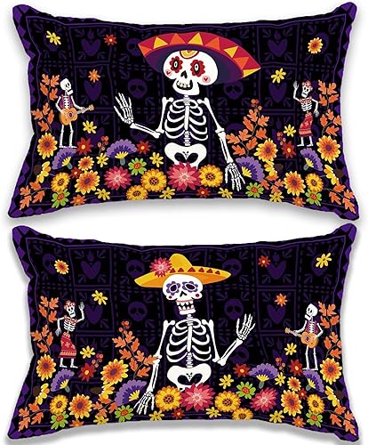 Juego de 2 fundas de almohada del Día de los Muertos Dia De Los Muertos Calavera de Azúcar Flor de 12 x 20 pulgadas, Juego de 2 fundas de almohada
