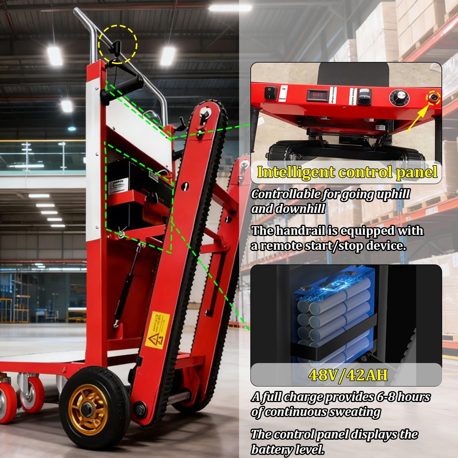 Carretilla Eléctrica para Escaleras 1000lbs/450kg Capacidad Motor 1500W Sin Escobillas Ideal Batería 48V/42A 6-8H Autonomía para Mudanzas Almacén Logística