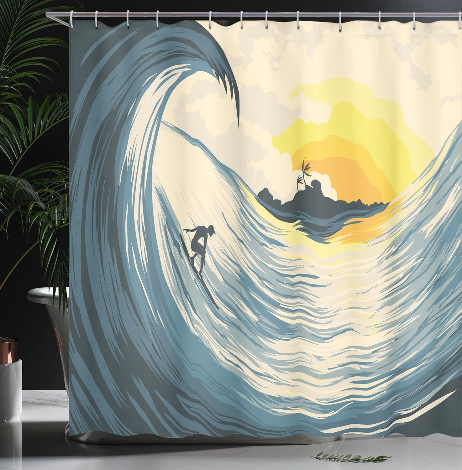Ambesonne Ocean Shower Curtain, Illustration of Cloudy Sky Tropical Island Wave and Surfer at Sunset Seascape, Cloth Fabric Bathroom Decor Set with Hooks, 69" W x 70" L, Beige Yellow Navy
