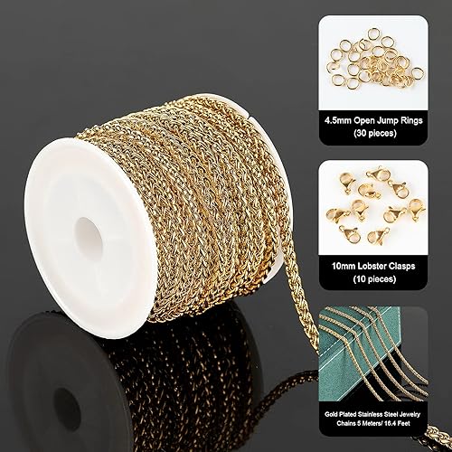 Miniatura 2 de Cadenas chapadas en oro a granel, cadena de trigo de acero inoxidable 304 con anillos de salto y cierres de langosta, collar para hombres y mujeres,