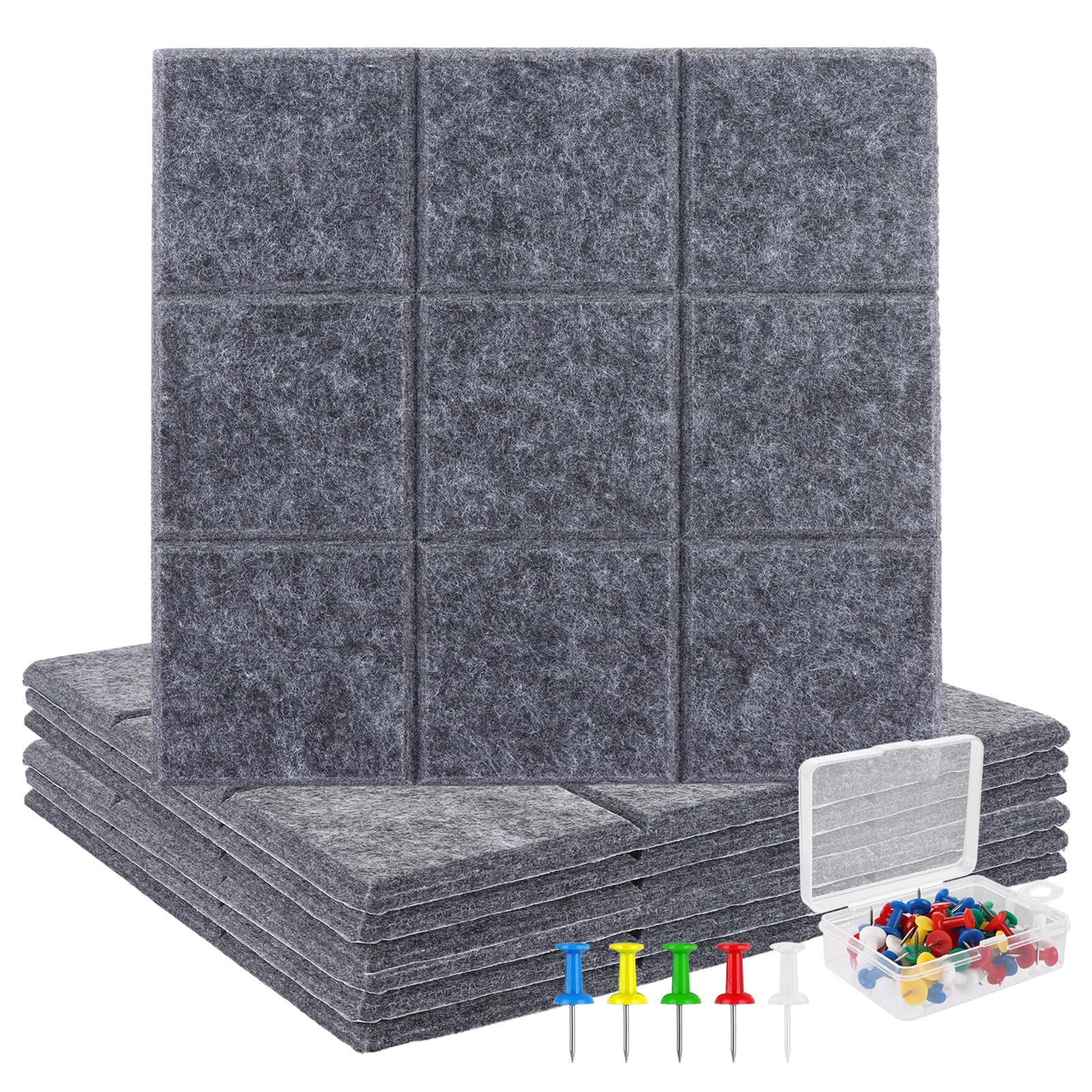 6PCS Felt Tiles 30 x 30 CM Self Adhesive Pin Board with 30 Pins, Large Bulletin Board Dark Grey Notice DIY Pinboards for Office, Bedroom, Home Walls