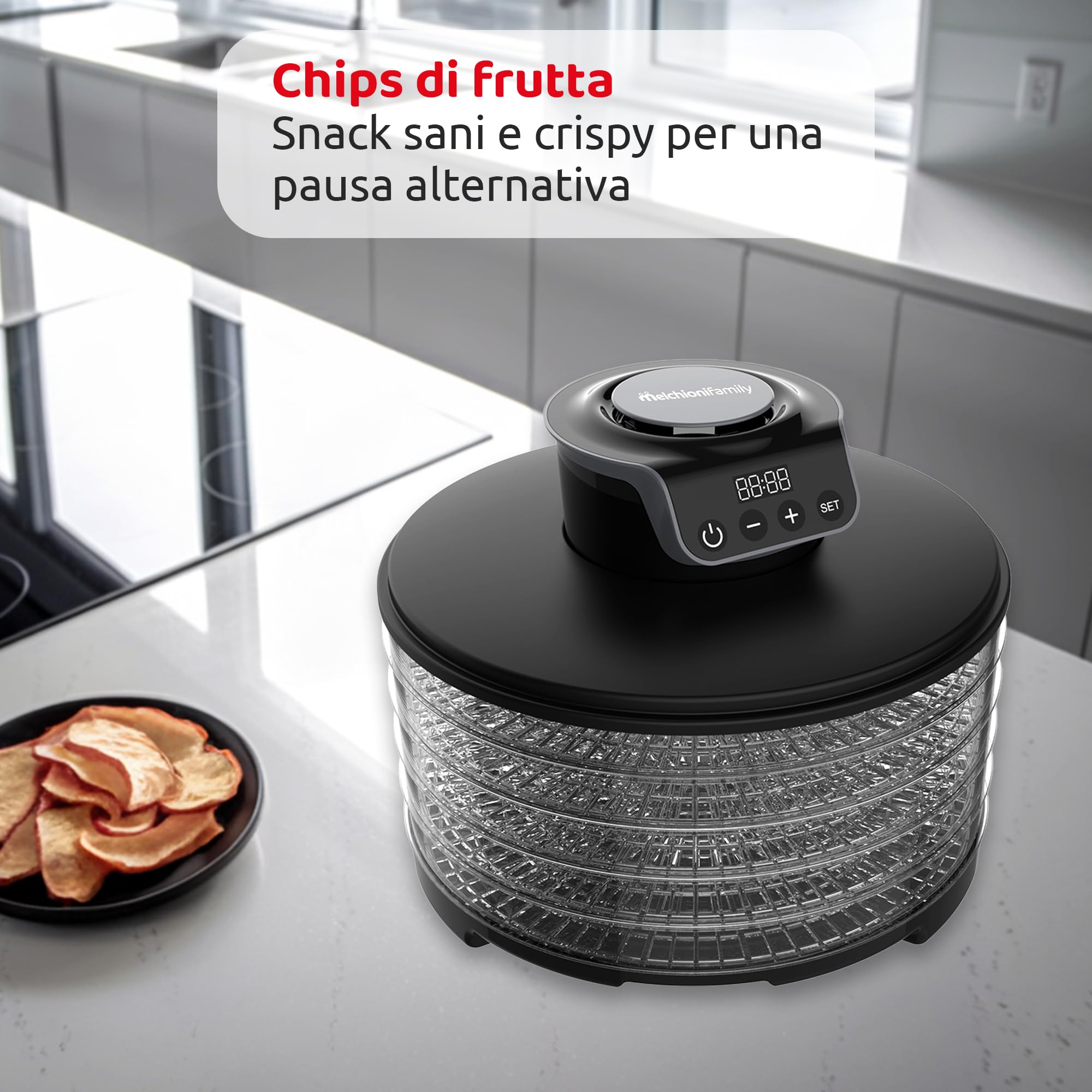 Melchioni Family | Essiccatore digitale TOWER, 5 ripiani regolabili, essiccazione di frutta, verdura, funghi 250W Alimentazione: 220-240V ~ 50/60Hz