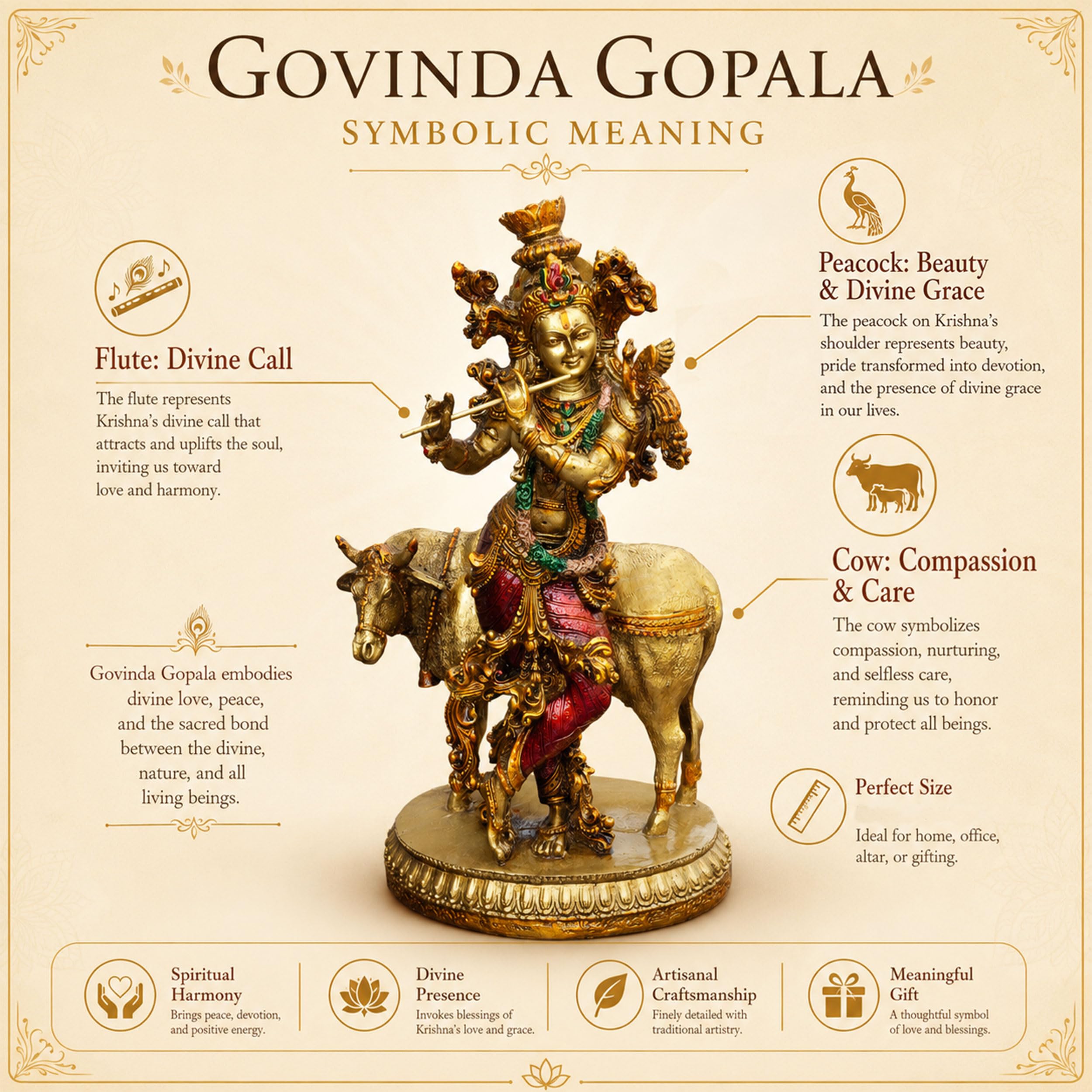 Govinda Gopala Statue, Lord Krishna and Cow Idol Showpiece, 10 Inch Double Coated Resin Antique Decorative Murti for Home Temple, Pooja Room & Gift — photo — 3 of 8