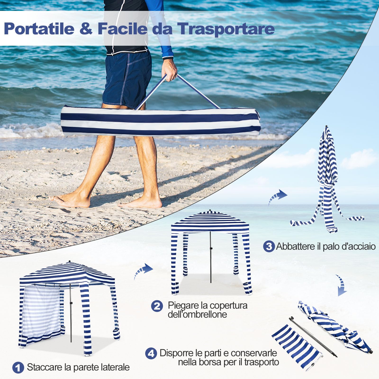 RELAX4LIFE Tenda da Spiaggia Pieghevole/Gazebo183 x 183 cm con Borsa, Parete Laterale Staccabile e 8 Sacchetti di Sabbia, Tenda Portatile per il Sole all'Aperto per Mare, Campeggio e Picnic (BLU)