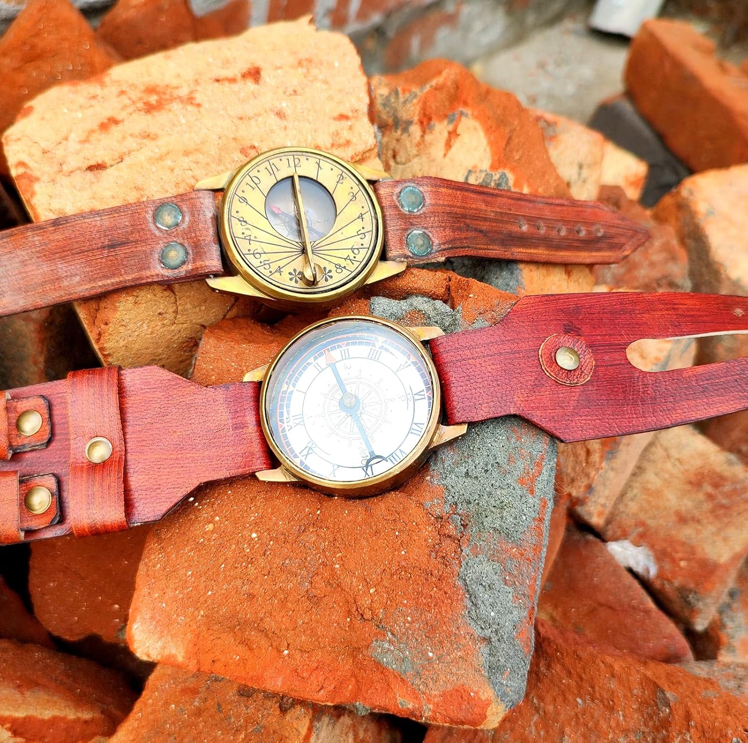 Brown Antique 2 Piece Brass Working Sundial Compass Wrist Watch with Rustic Engraved Compass 2.5 inch Approx.