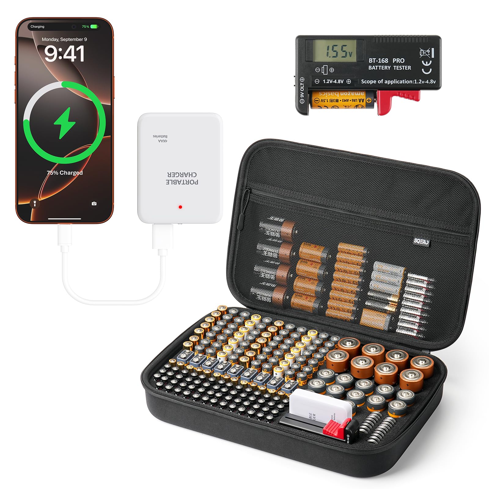 Custodia organizer per batterie con power bank di emergenza, converte 4 batterie AA in caricabatterie per telefono con tester BT-168 PRO per AA AAA C D 9 V CR2032 3 V, supporto sicuro per batterie