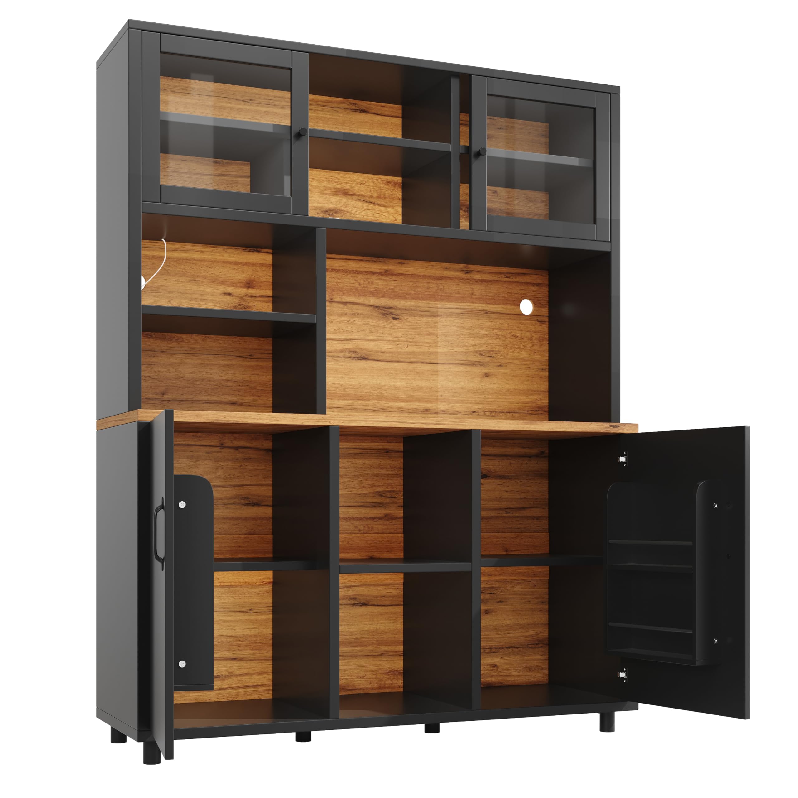LAKFEW Alacena de Cocina Armario Cocina con Iluminación LED y Puerta Corredera de Cristal, Aparadores Mueble Auxiliar Cocina con Estante Ajustable y Puerta de Almacenaje, 140x40x185 cm, Negro