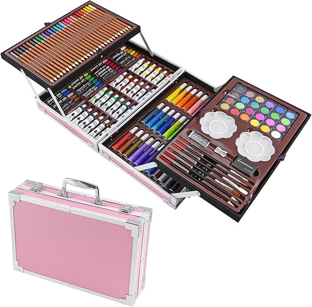 145-Piece 2 Layers Portable Aluminium Case Arts Set Studio Supplies for Drawing Painting Art Kit for Kids, Teens, Adults Great Gift for Beginner and Serious Artists (145pc Pink)