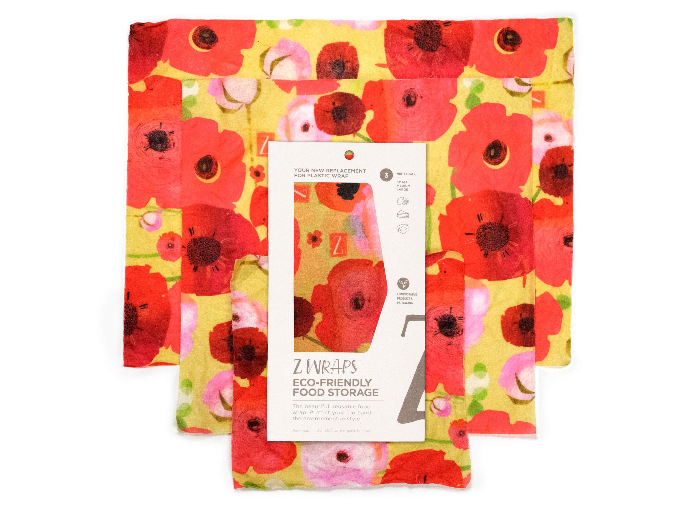 Z Wraps - Reusable Beeswax Food Wraps - Assorted 3-Pack (S, M, L) - Made in USA with 100-Precent Cotton, Organic Beeswax and Jojoba Oil - Painted Poppy