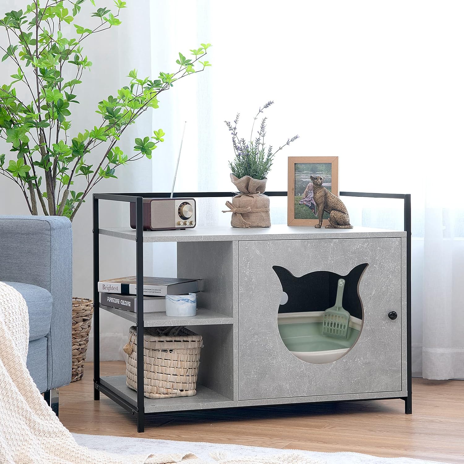 Tangkula Litter Box Enclosure with Shelves, 2-in-1 Hidden Cat Washroom & Side Table with Metal Frame, Wooden Cat Box Cabinet Litter Box Furniture (Grey)