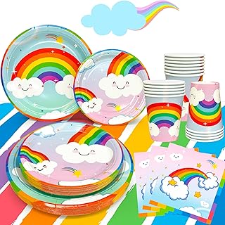 Rainbow Party Supplies, 81pcs Rainbow Birthday Decorations Tableware Set Party Plates Cups Napkins Tablecloth etc Birthday...