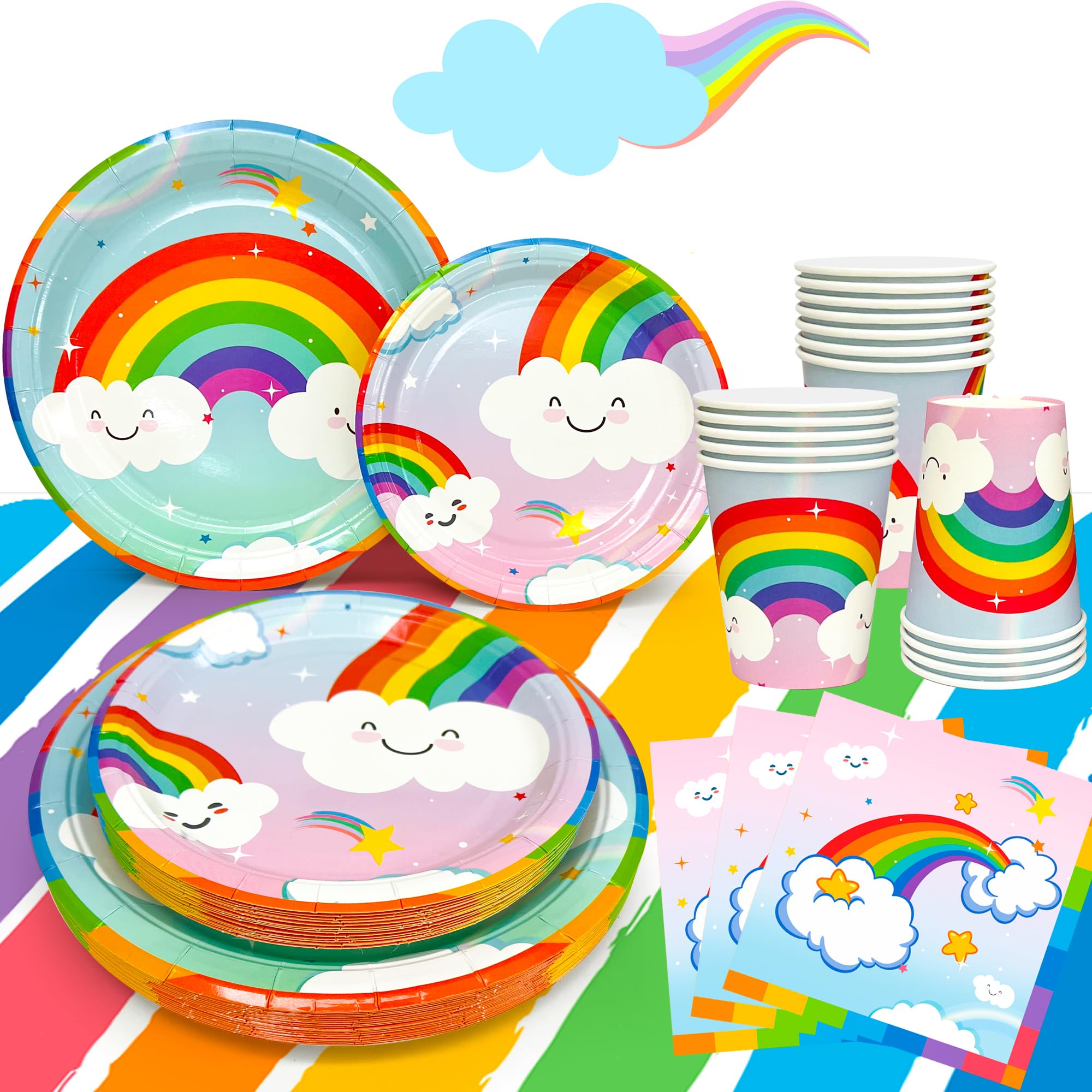 Rainbow Party Tableware Set,Serves 20 Rainbow Cloud Party Supplies Tableware Set-Rainbow Paper Plates Napkins Cups Table Cloth etc Rainbow Themed Tableware Decorations for Kids&Adults (81Pcs)