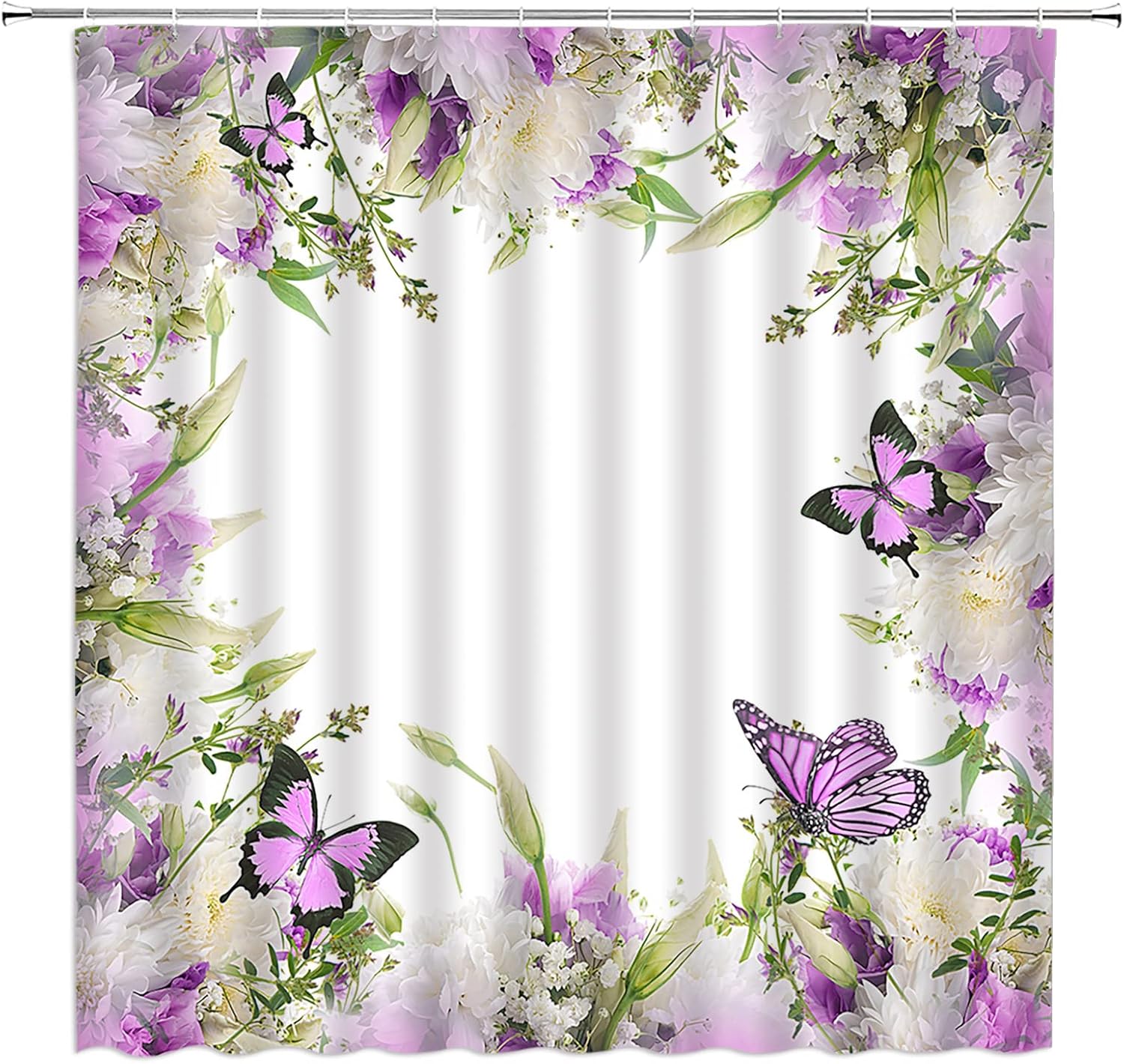 Flower Butterfly Shower Curtain Purple Pink White Butterfly Floral Spring Rustic Garden Nature Dream Scenery Fabric Bathroom Decor Curtain with Hooks