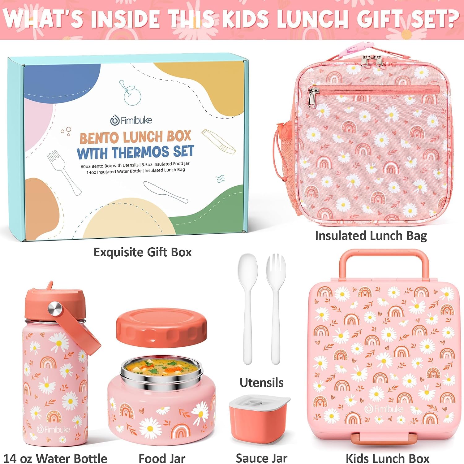 Fimibuke Bento Box for Kids Adult - Leakproof 3-4 Compartments Lunch Bento Box Set with Insulated Food Jar, Water Bottle, Lunch Bag, Sauce Cup & Cutlery for Toddler Teen Shcool Girl Boy Age 3+