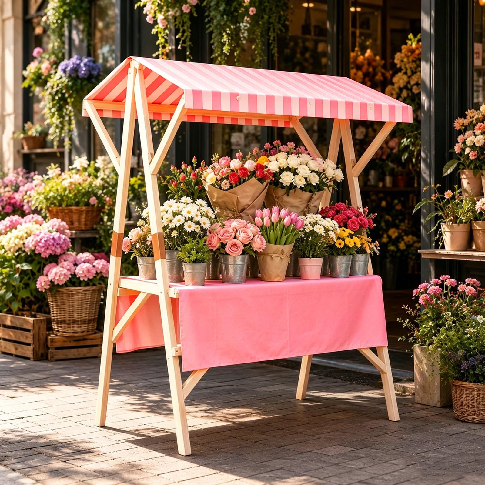 HARELA Genérico Puesto de Mercado con toldo, Puestos Plegables, para Venta De Alimentos, Carrito De Comida Callejera De Madera para Tiendas Mercados(Pink B,150cm/59in)