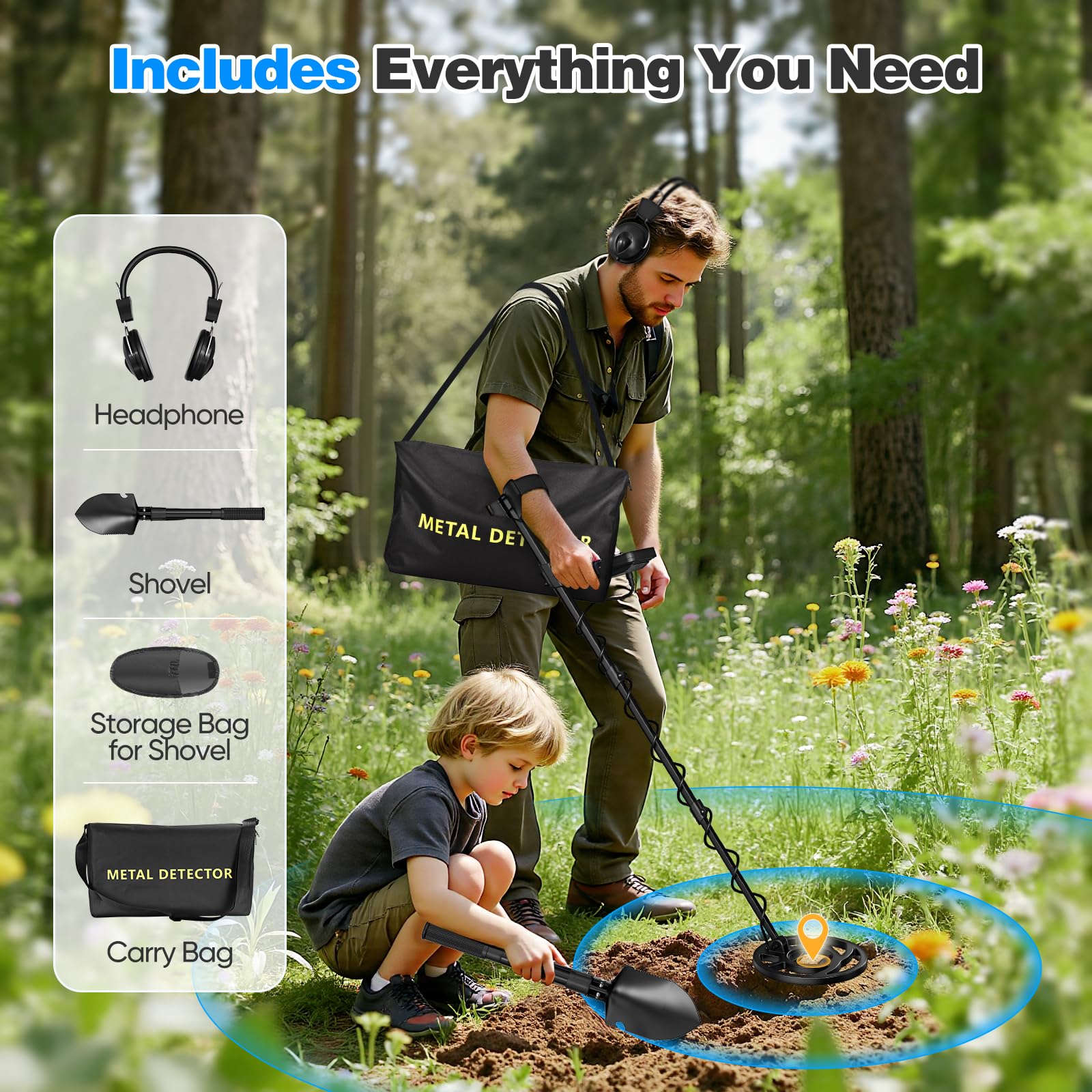 Jradse - Rilevatore di metalli, bobina completamente sommersa IP68 da 10,2 pollici, schermo LCD intelligente, lunghezza regolabile da 74 a 138 cm, kit completo di accessori, adatto per bambini e